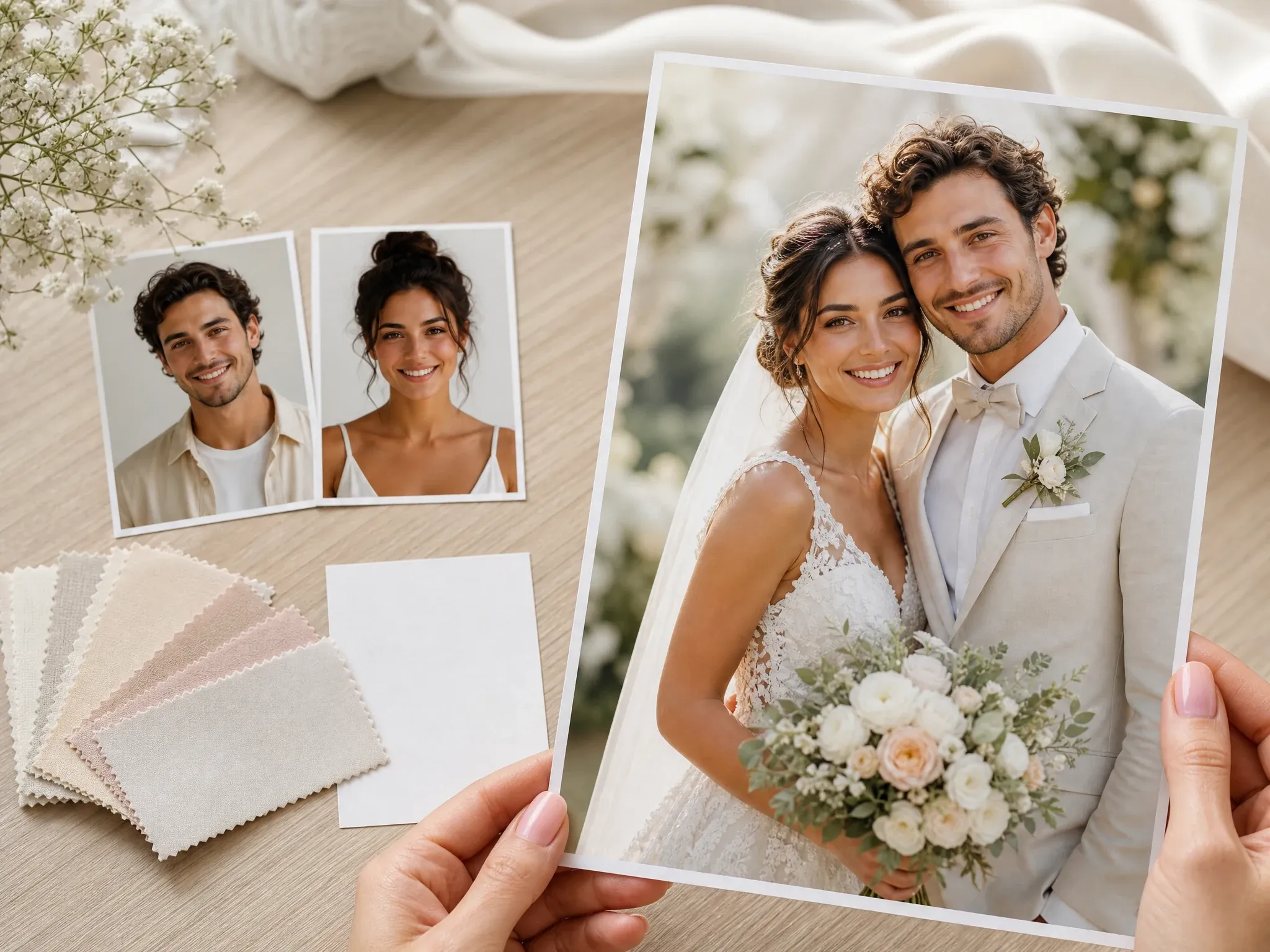 Source portraits feeding into a wedding photo preview