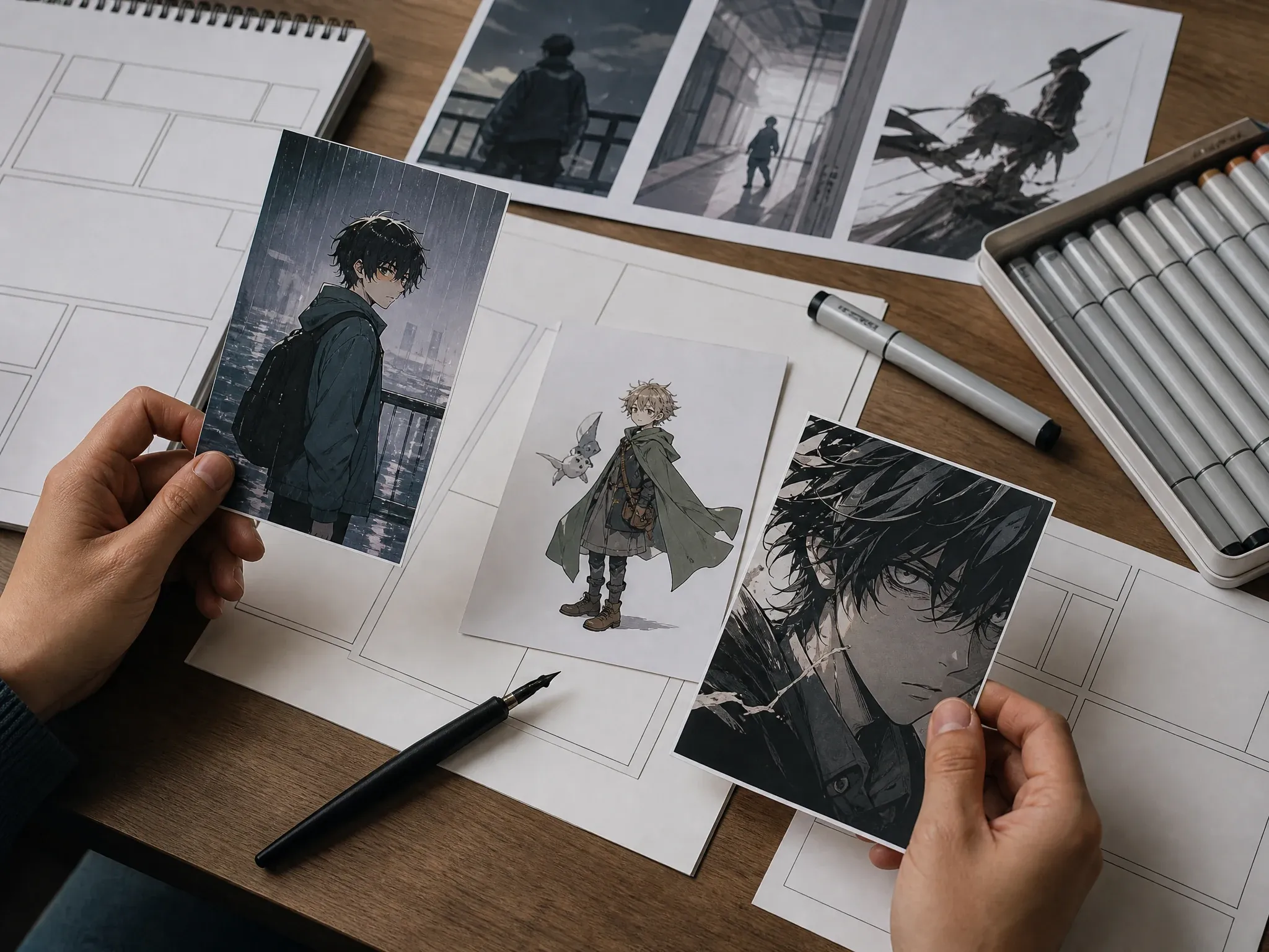 Manga-style anime character concept beside clean panel sketches