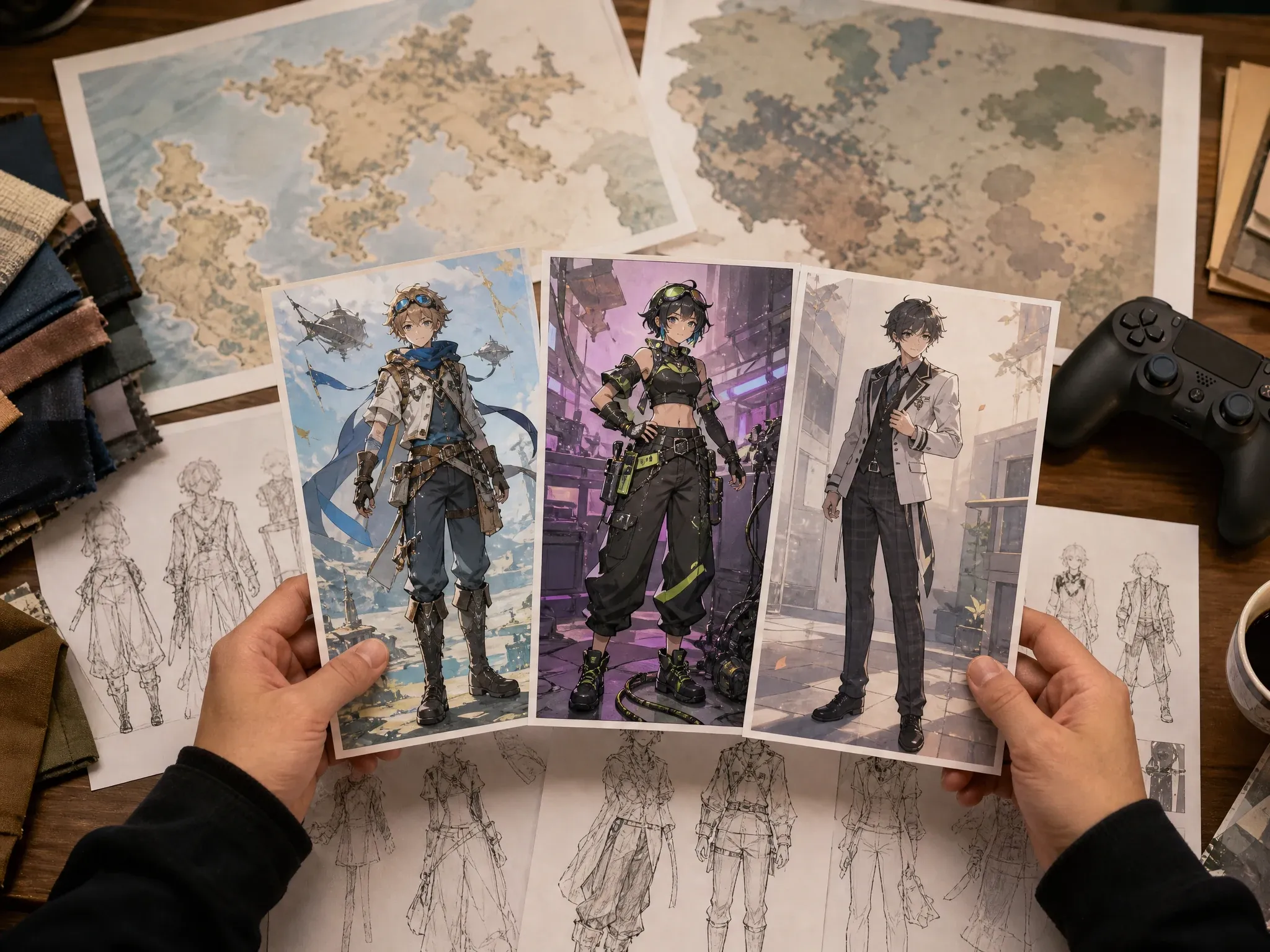 Anime game and story character concepts with role and outfit variation