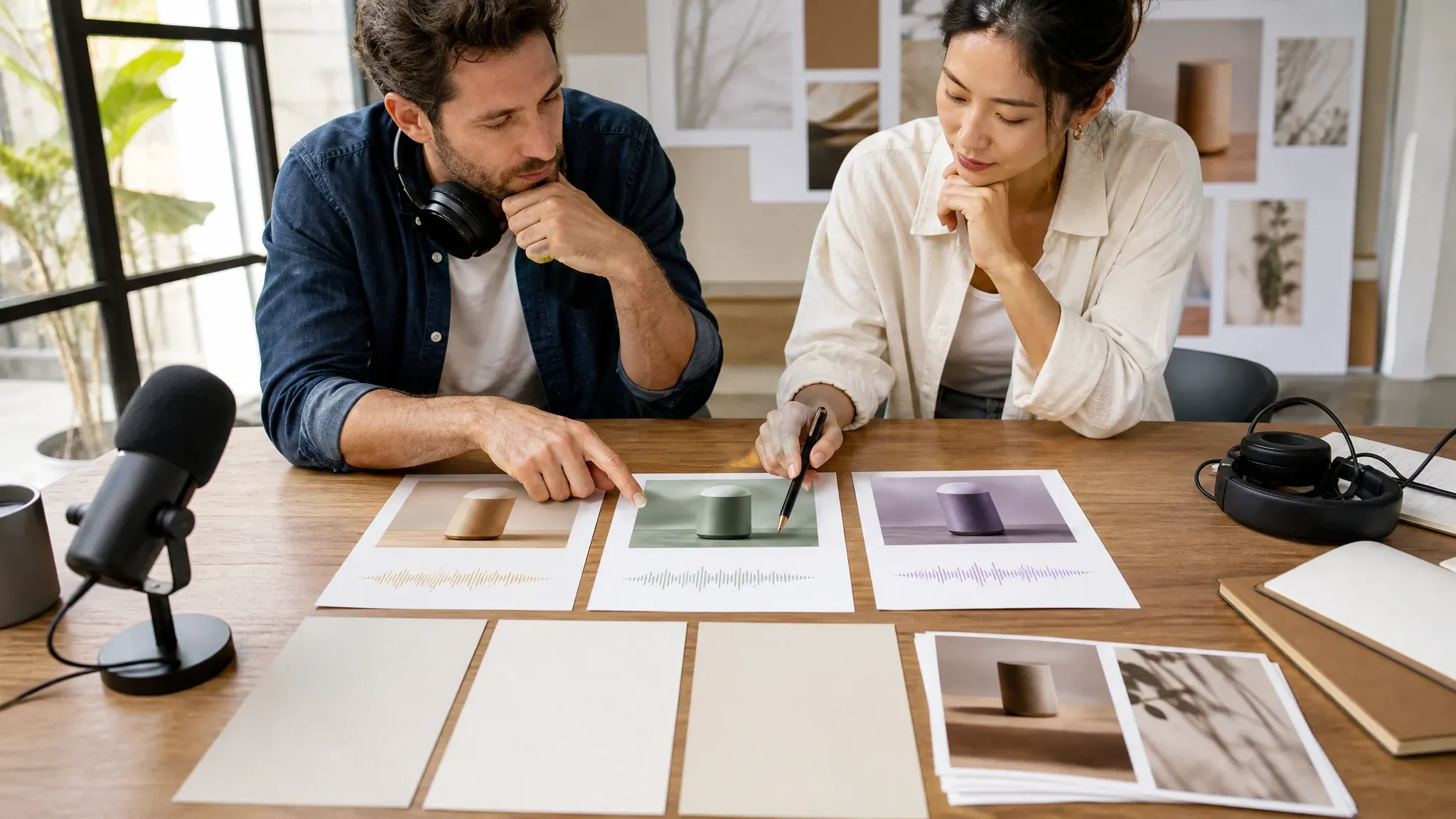 Marketing team comparing English AI voice ad hook drafts
