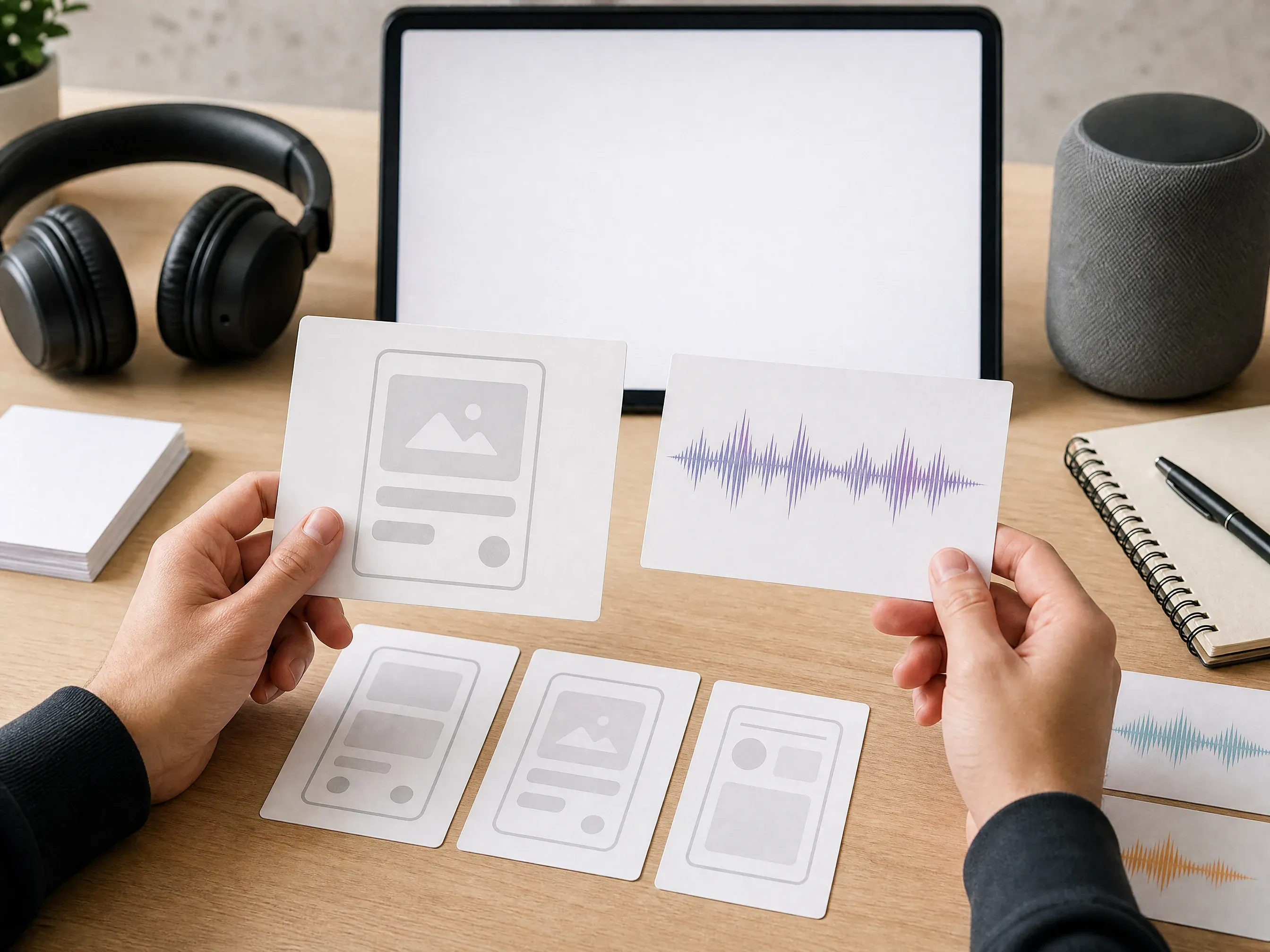 Product team reviewing a short English AI voice update