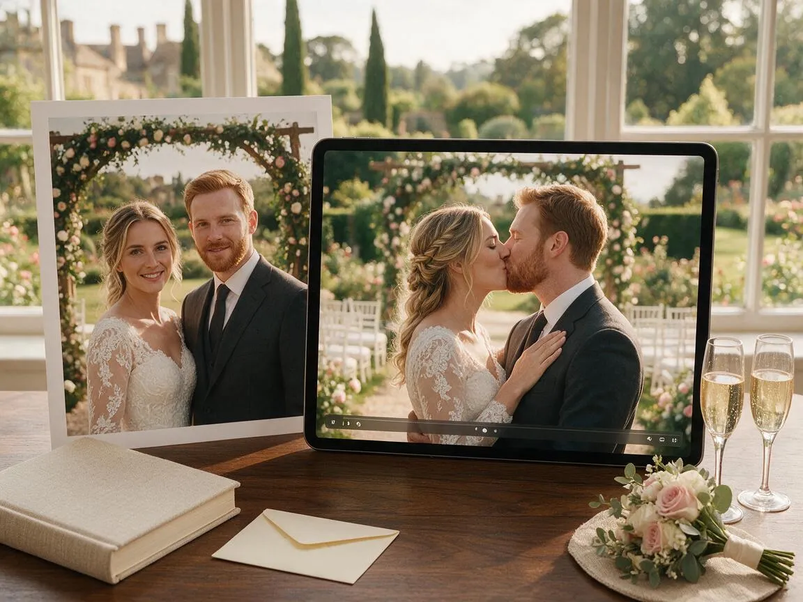 Hochzeitsfoto neben einem Tablet mit einem leidenschaftlichen Kussvideo desselben Brautpaares