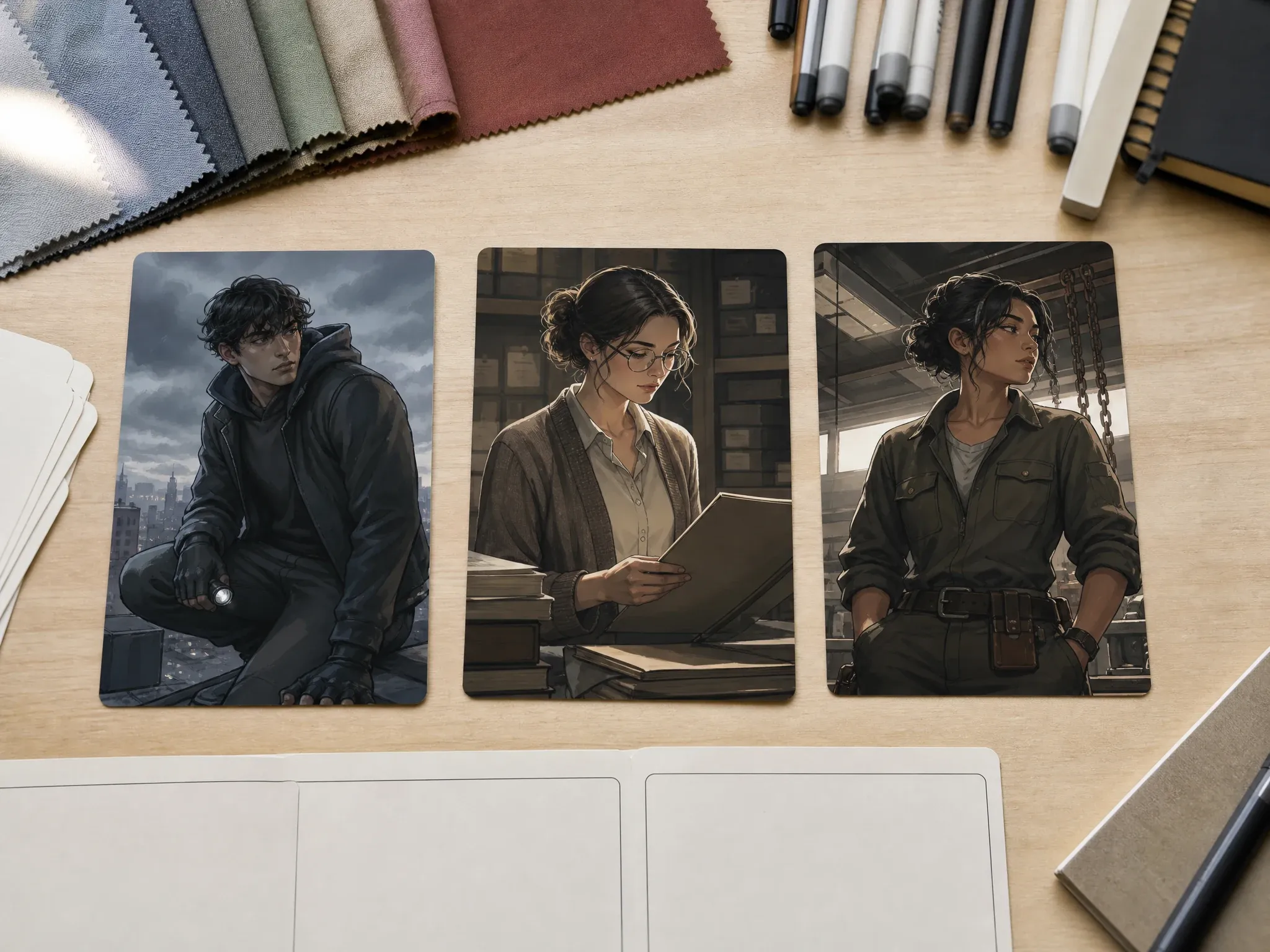 Original comic and story character concept cards for an OC cast