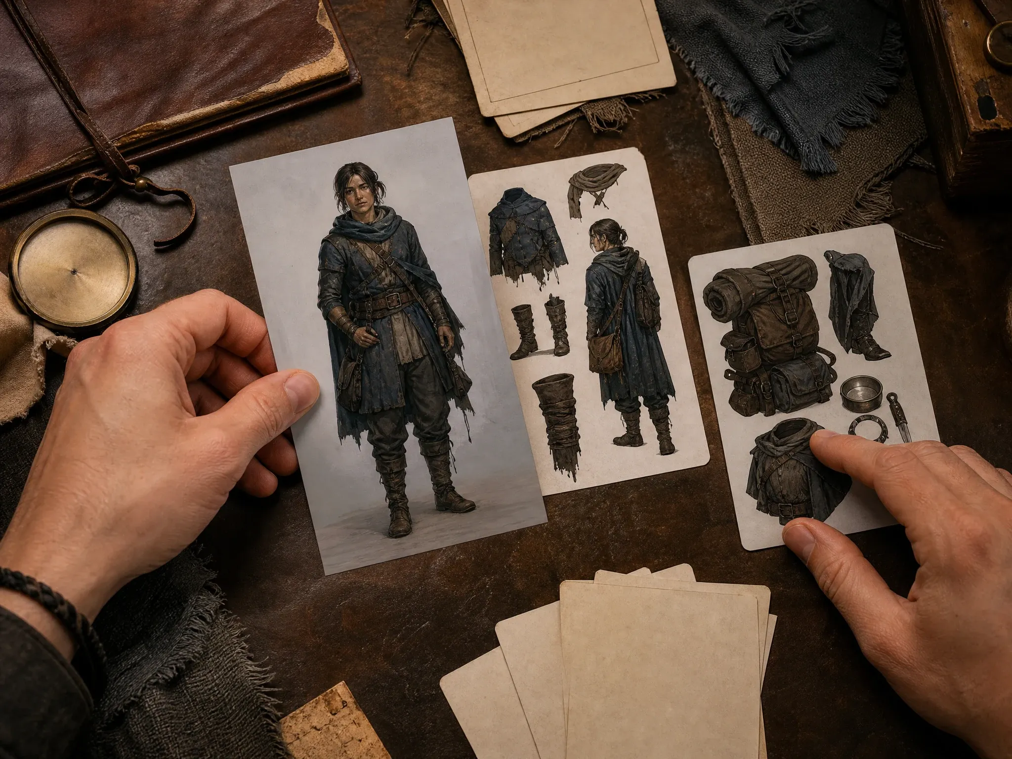 Original RPG adventurer OC outfit concept cards on a creator desk