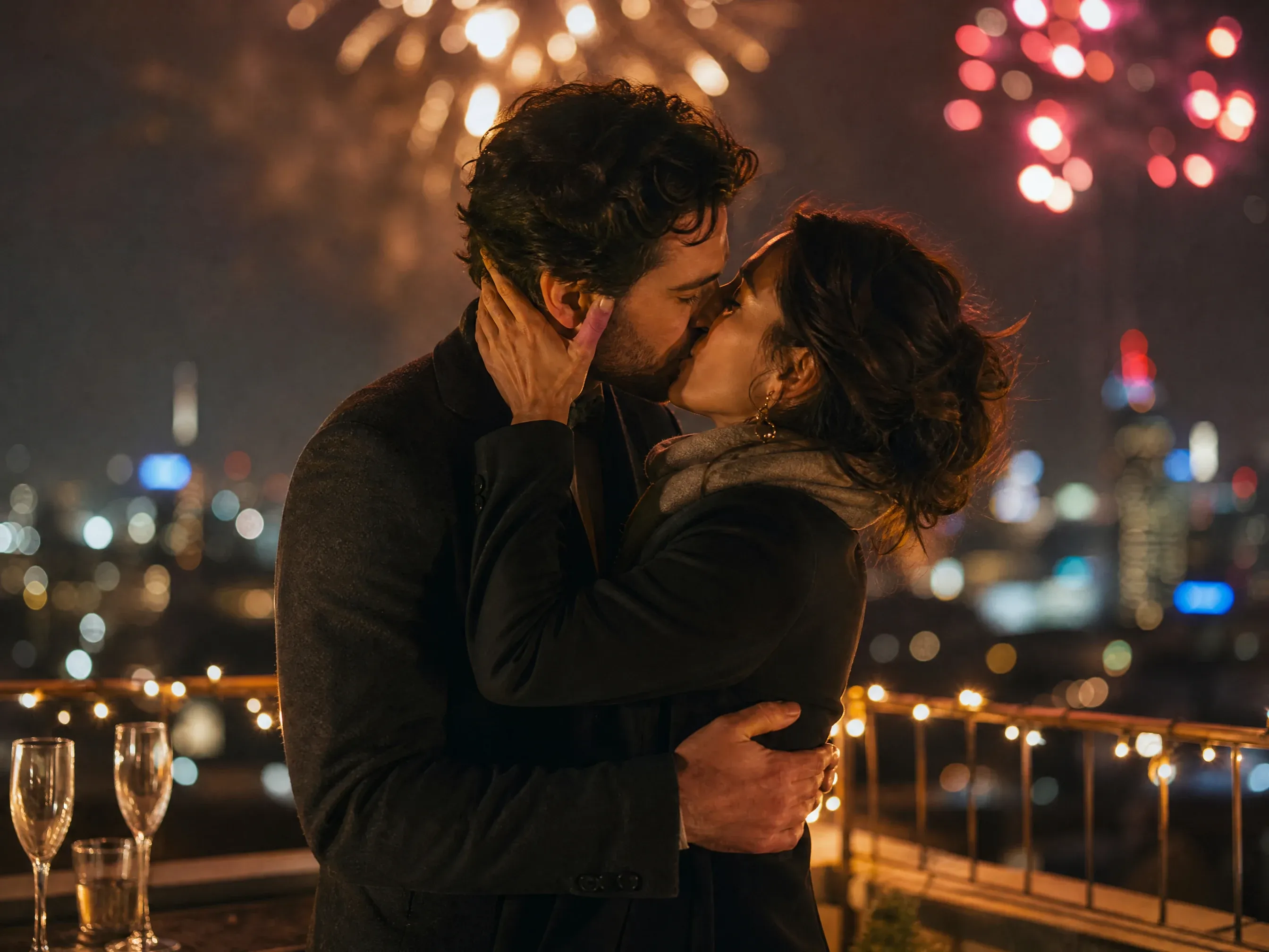 Couple embracing and kissing on a rooftop at night with fireworks behind them