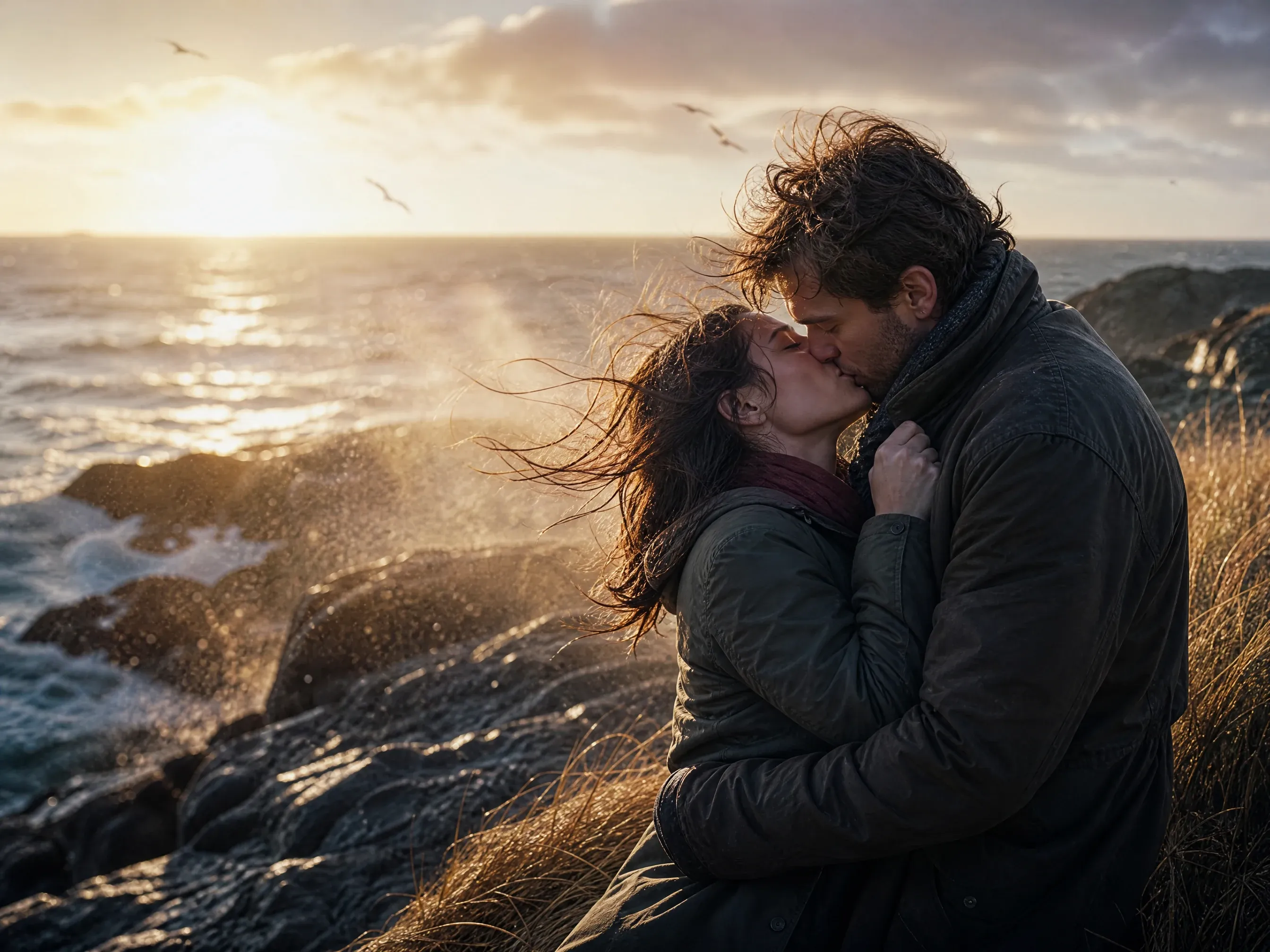 Couple embracing and kissing on a rocky shore in strong wind at sunset
