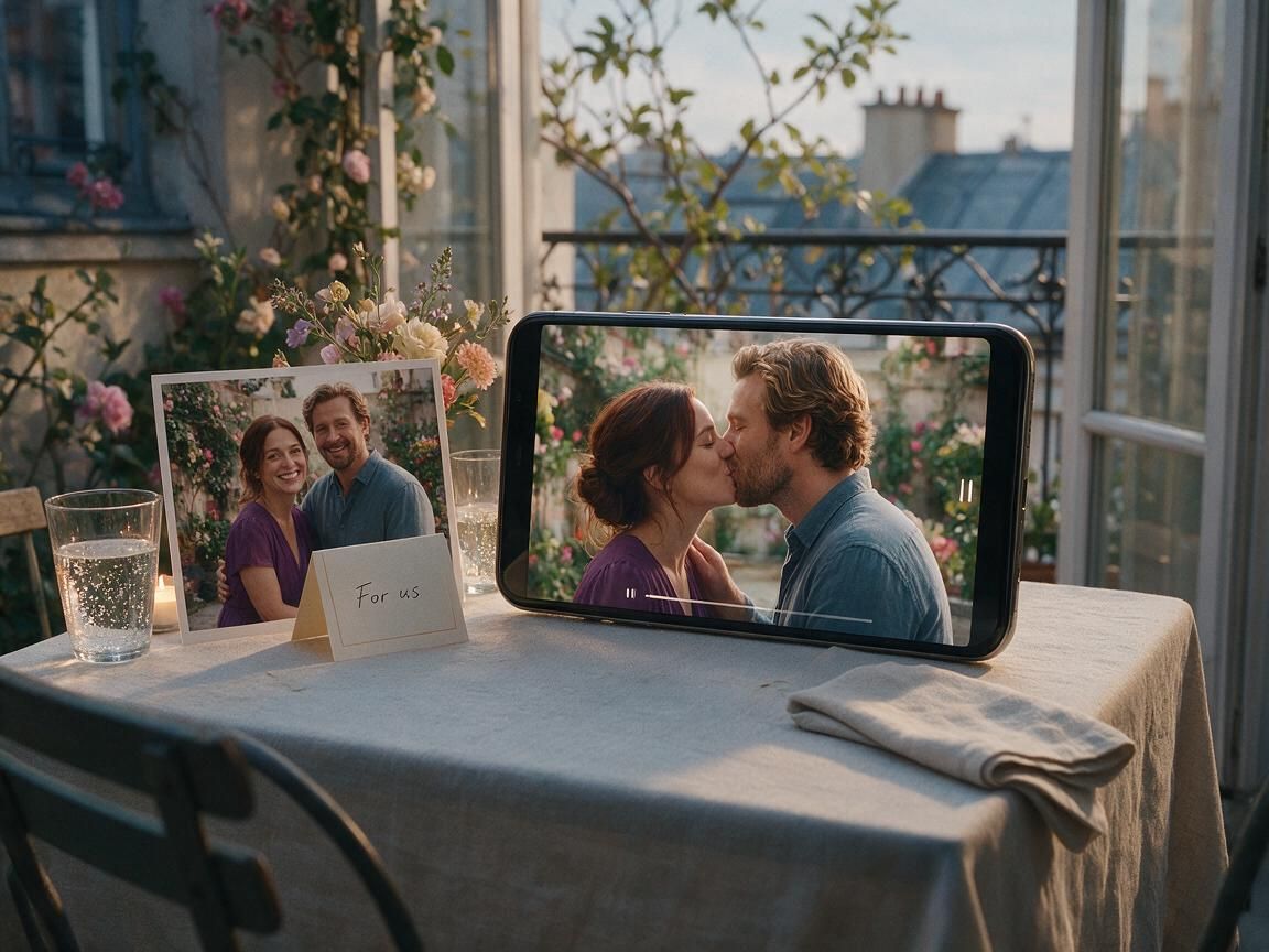 Paarfoto und Karte zum Jahrestag neben einem Handy mit einem Kussvideo desselben Paares in einem blühenden Innenhof
