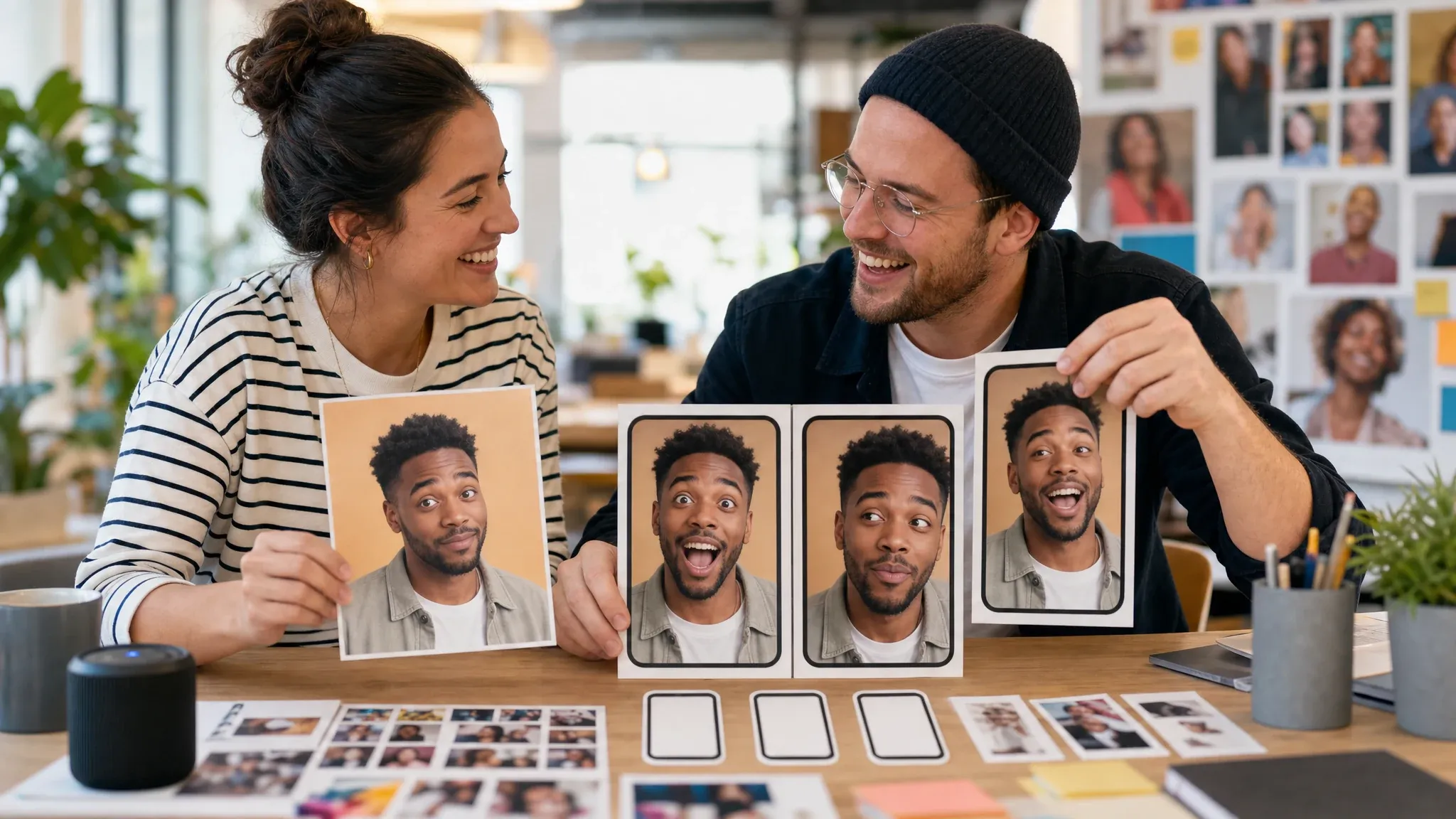 Community team reviewing expressive speaking portrait reaction frames