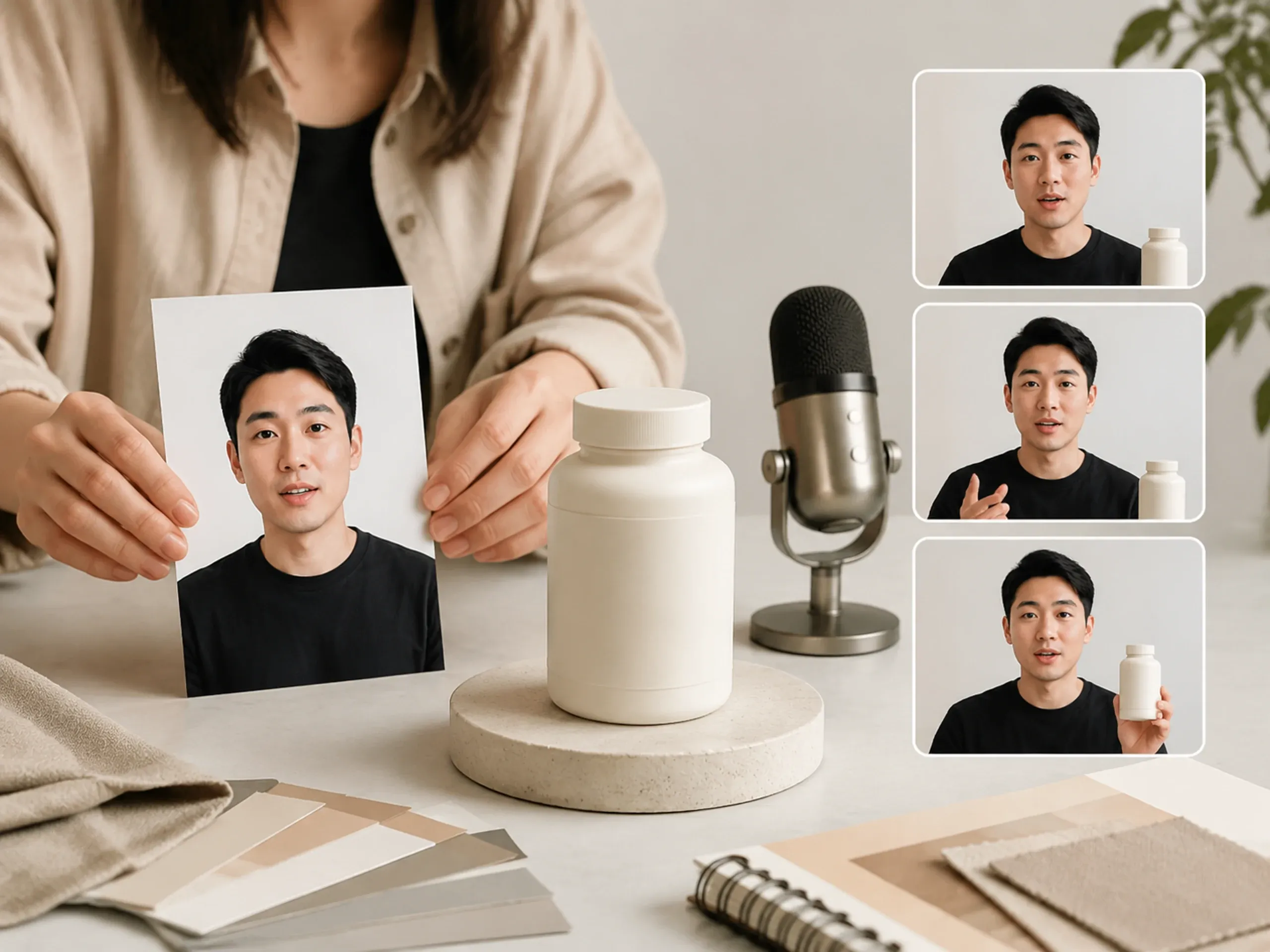Product explainer workflow with portrait, microphone, and speaking frames