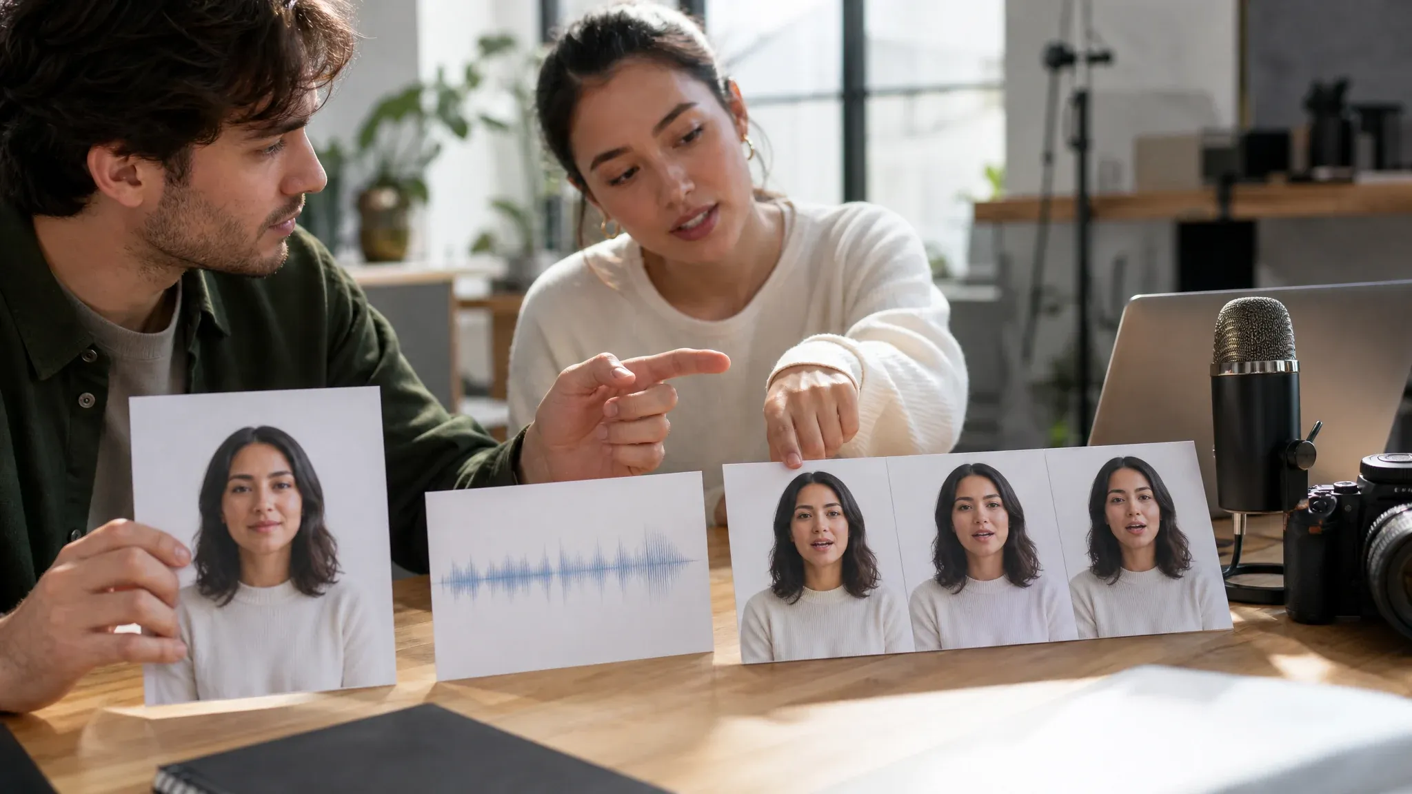Creators reviewing a portrait, audio waveform, and speaking photo frames with no text