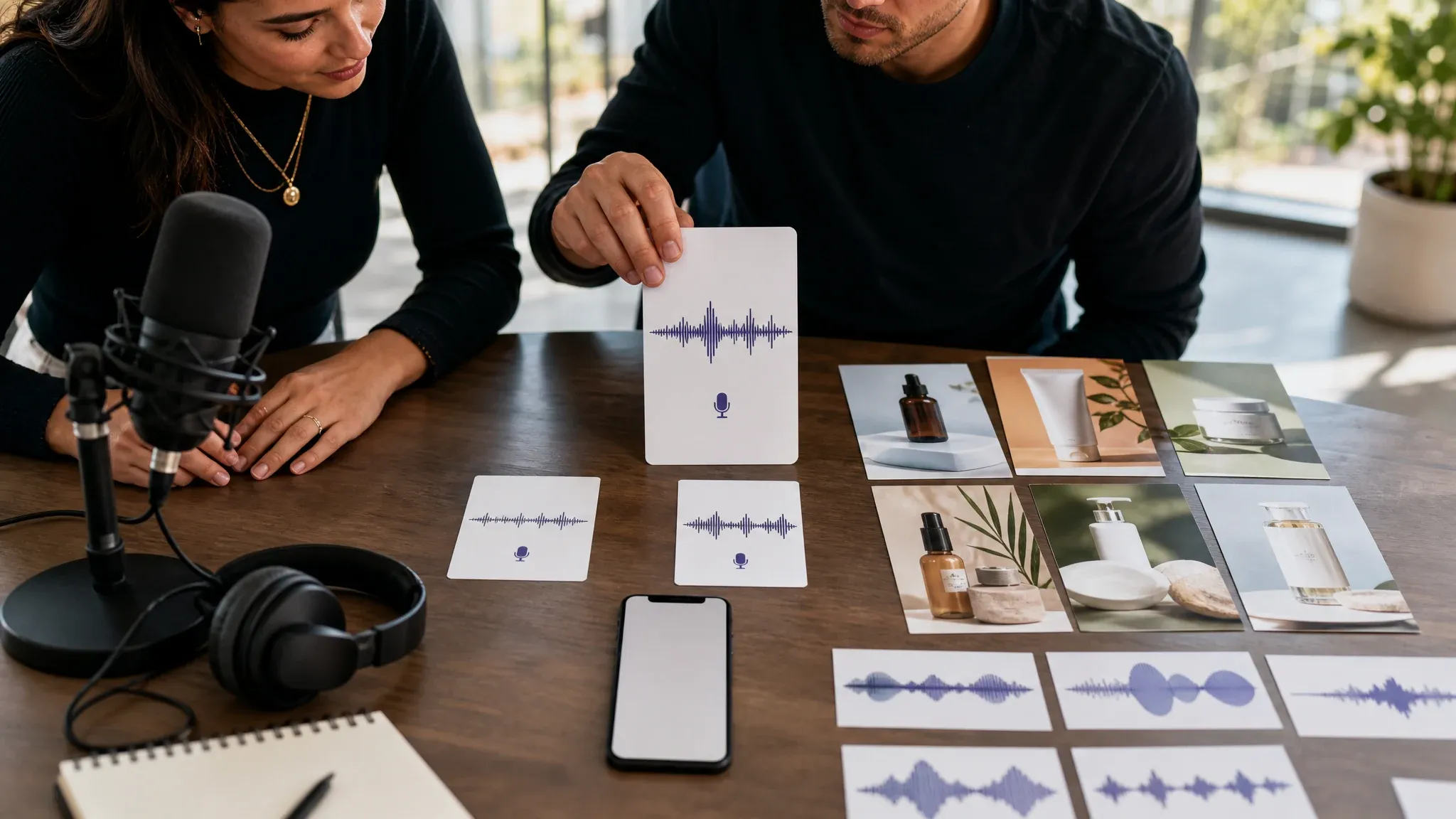 Marketing team comparing AI voice ad hook drafts