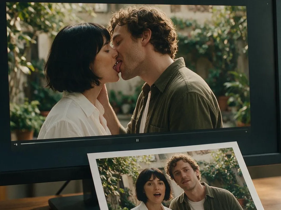 Monitor previewing a tongue kiss video in a leafy courtyard with the source couple photo in front