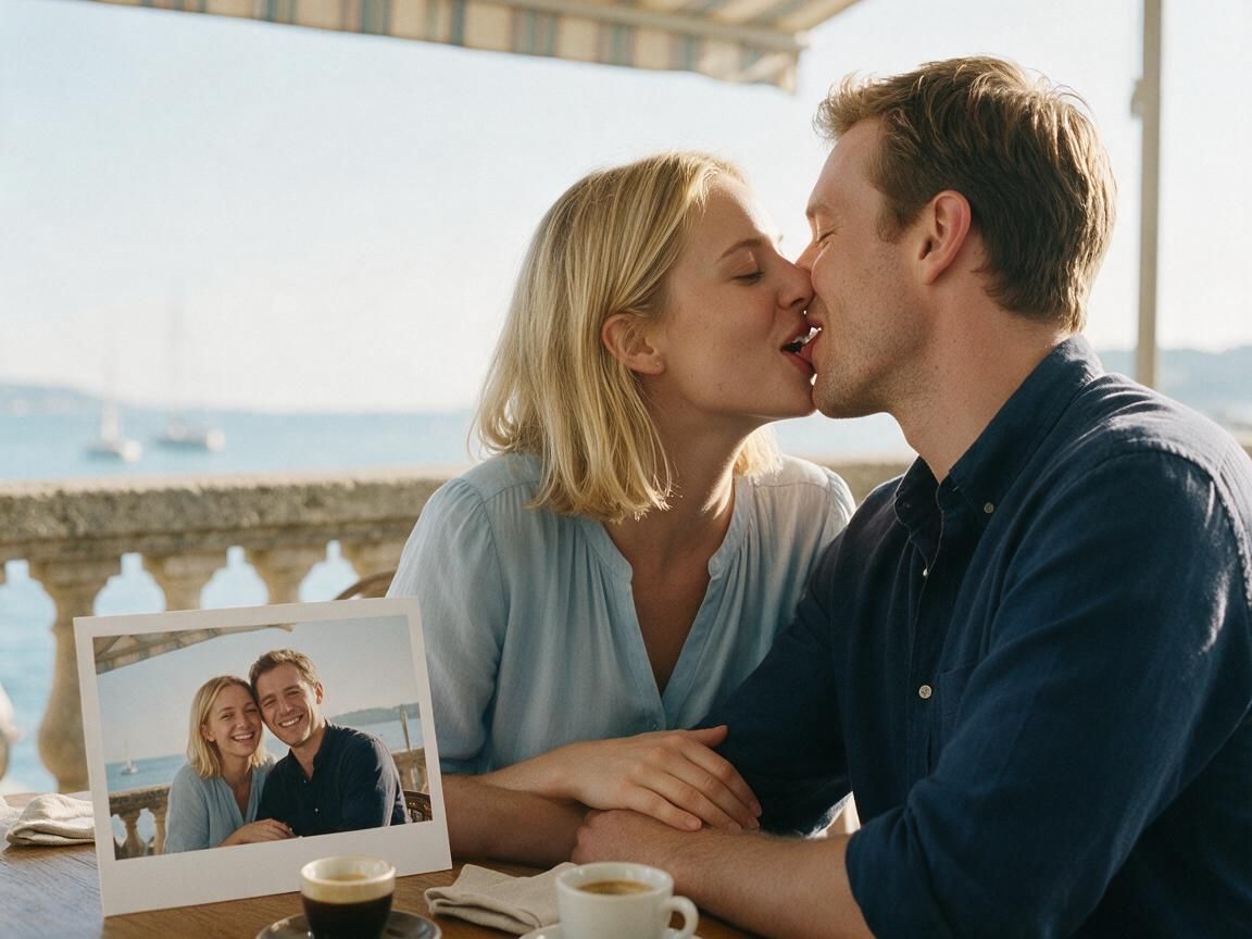 Young adult couple sharing a tongue kiss at a seaside cafe with their source couple photo on the table