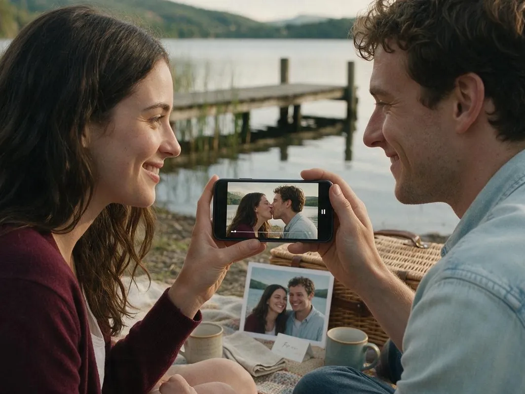 Young adult couple watching their tongue kiss video on a phone beside a lake with their source photo and anniversary card nearby