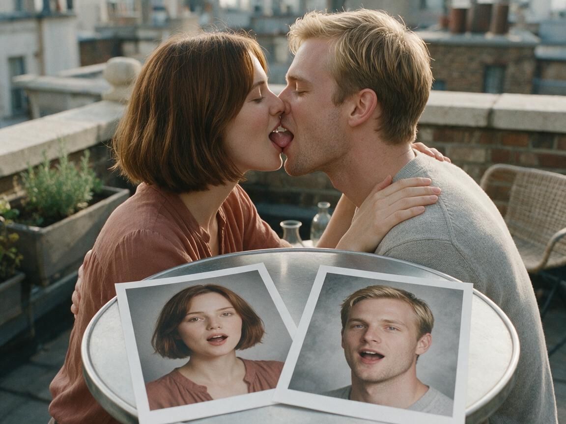 Two separate source portraits in front of the same young adult couple sharing a tongue kiss on a rooftop terrace