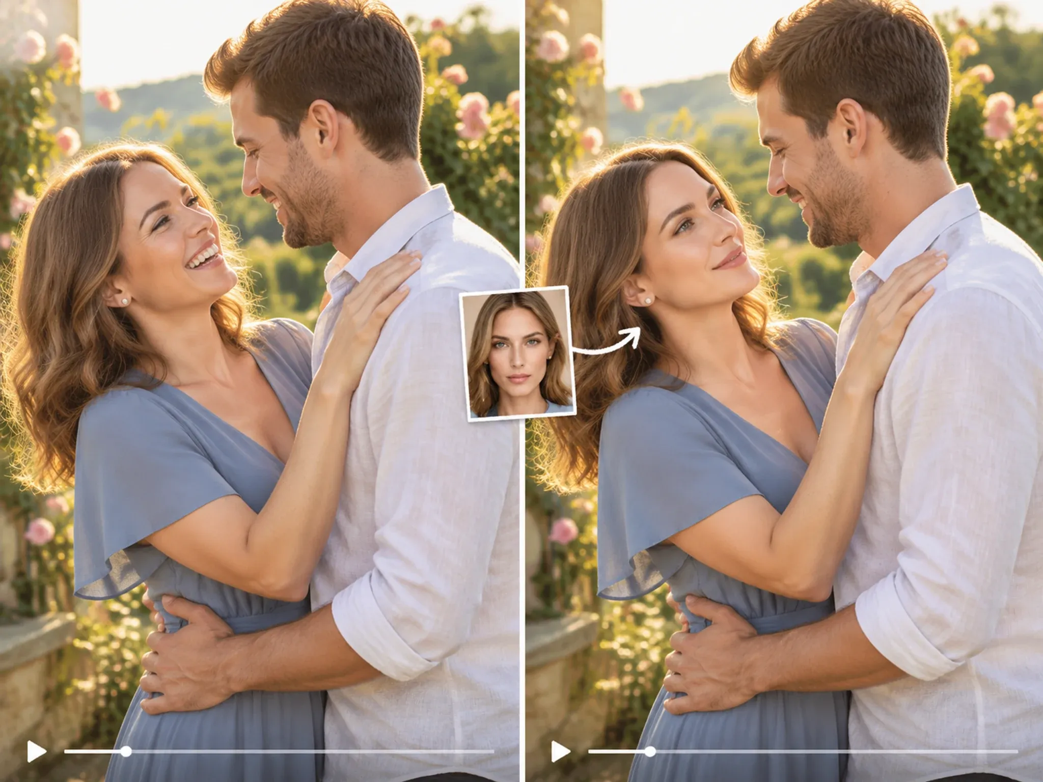 Couple laughing on a garden terrace, before and after a face swap