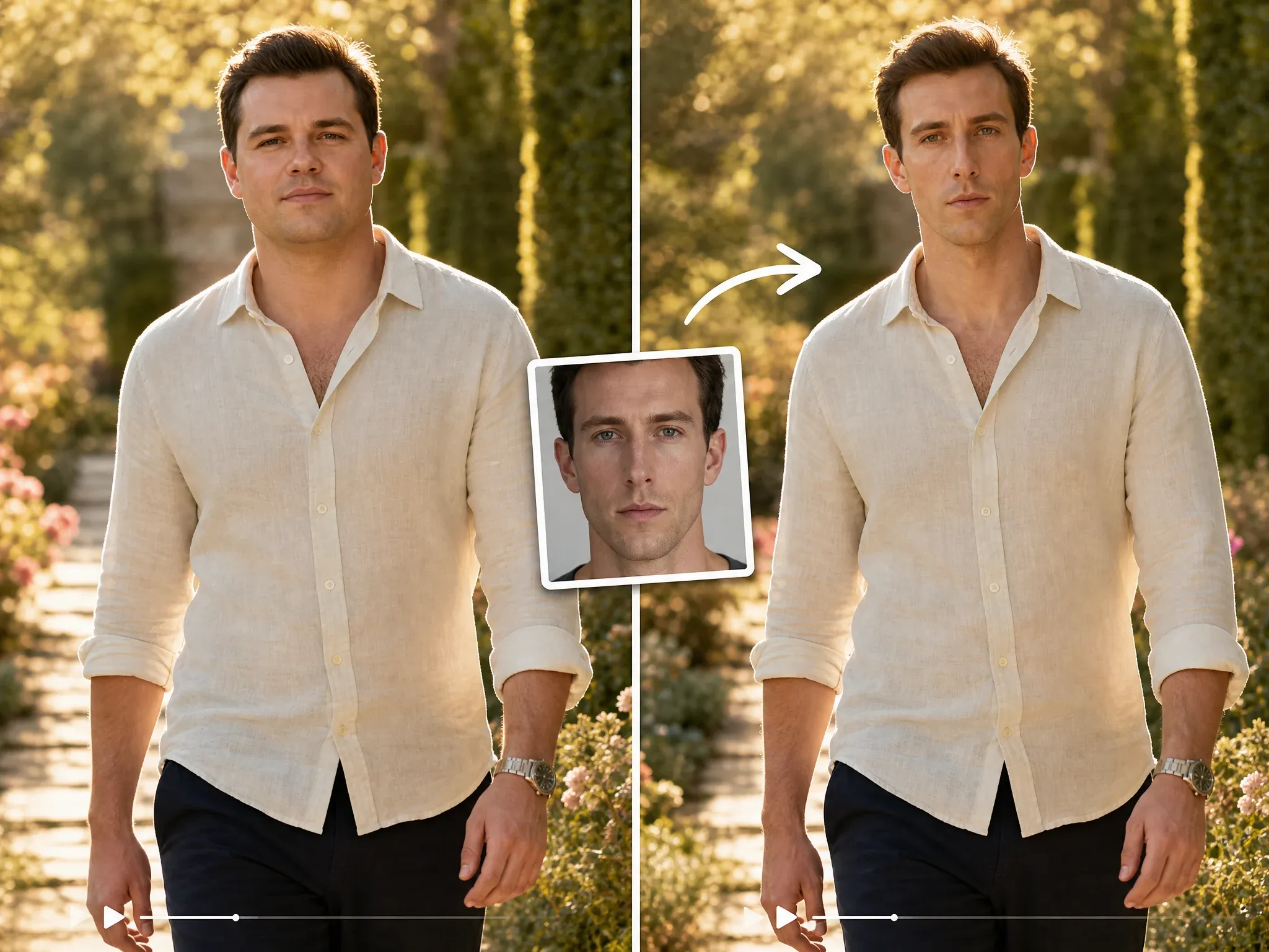 Man walking on a garden path, shown before and after a face swap