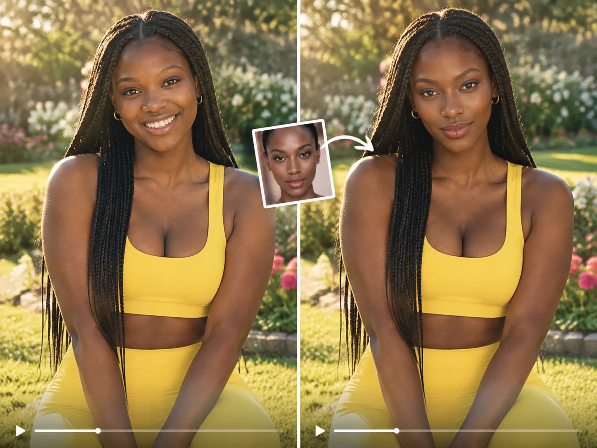 Woman in athletic wear in a sunlit garden, shown before and after a face swap