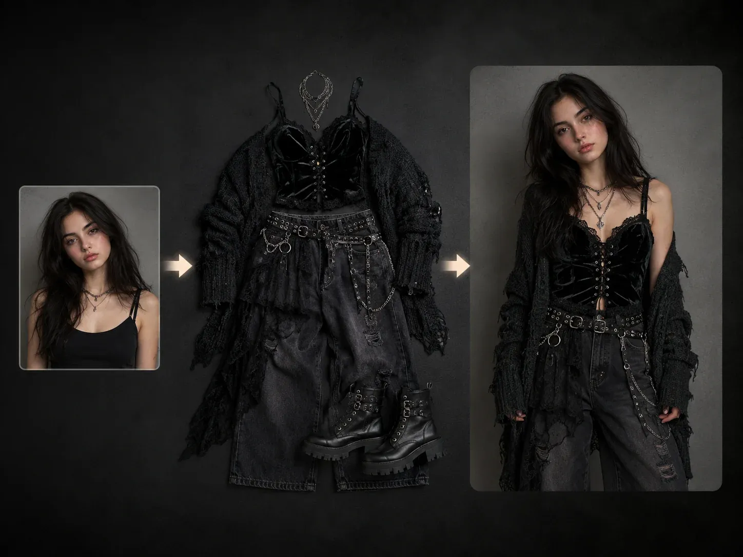 Person photo, Gothic Grunge outfit reference, and finished outfit preview
