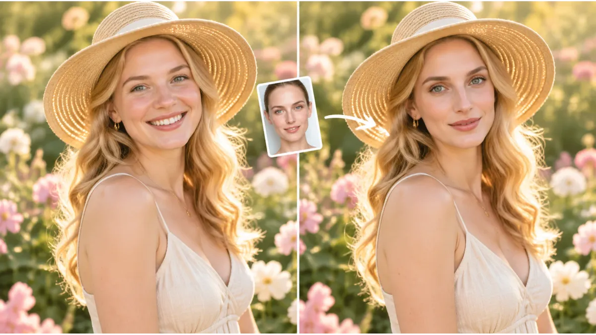 Before and after face swap result beside a flower garden portrait