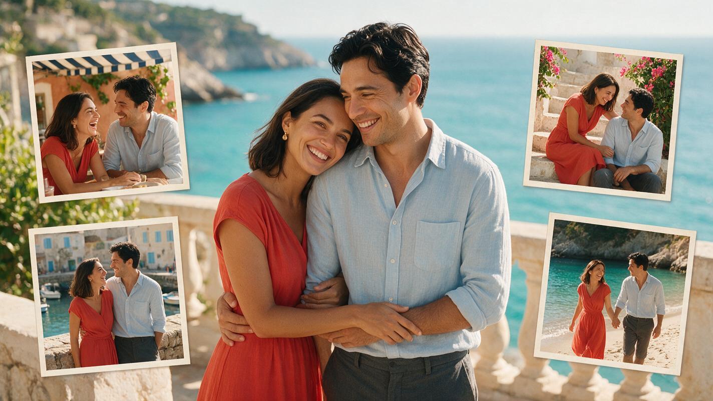 Five styled portraits of the same couple across a coastal photo session