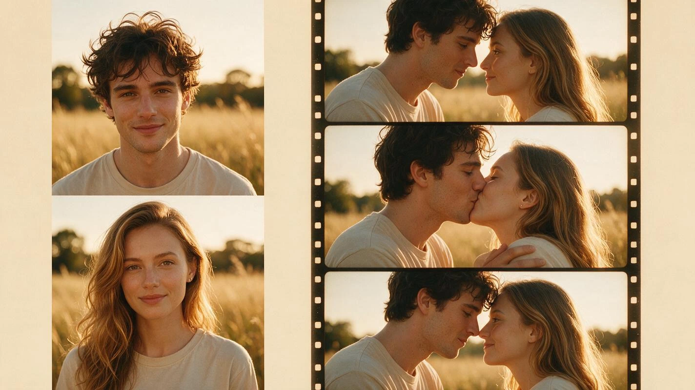 Two portraits becoming a short kissing video in film frames