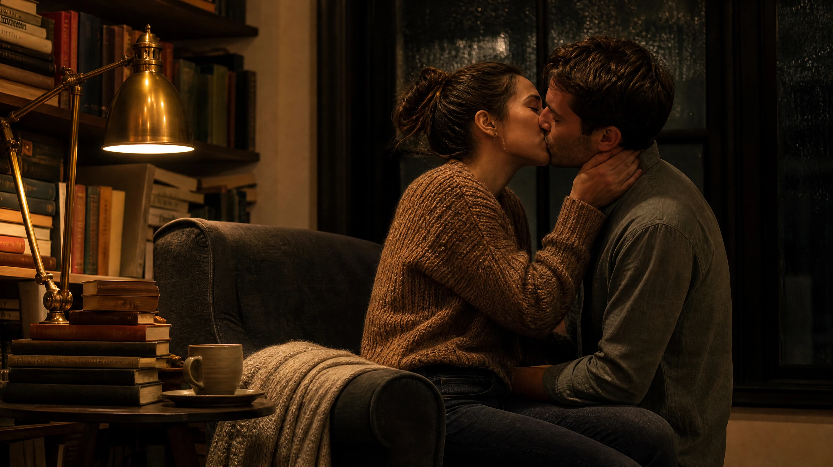 Adult couple in a close deep kiss in a warmly lit living room