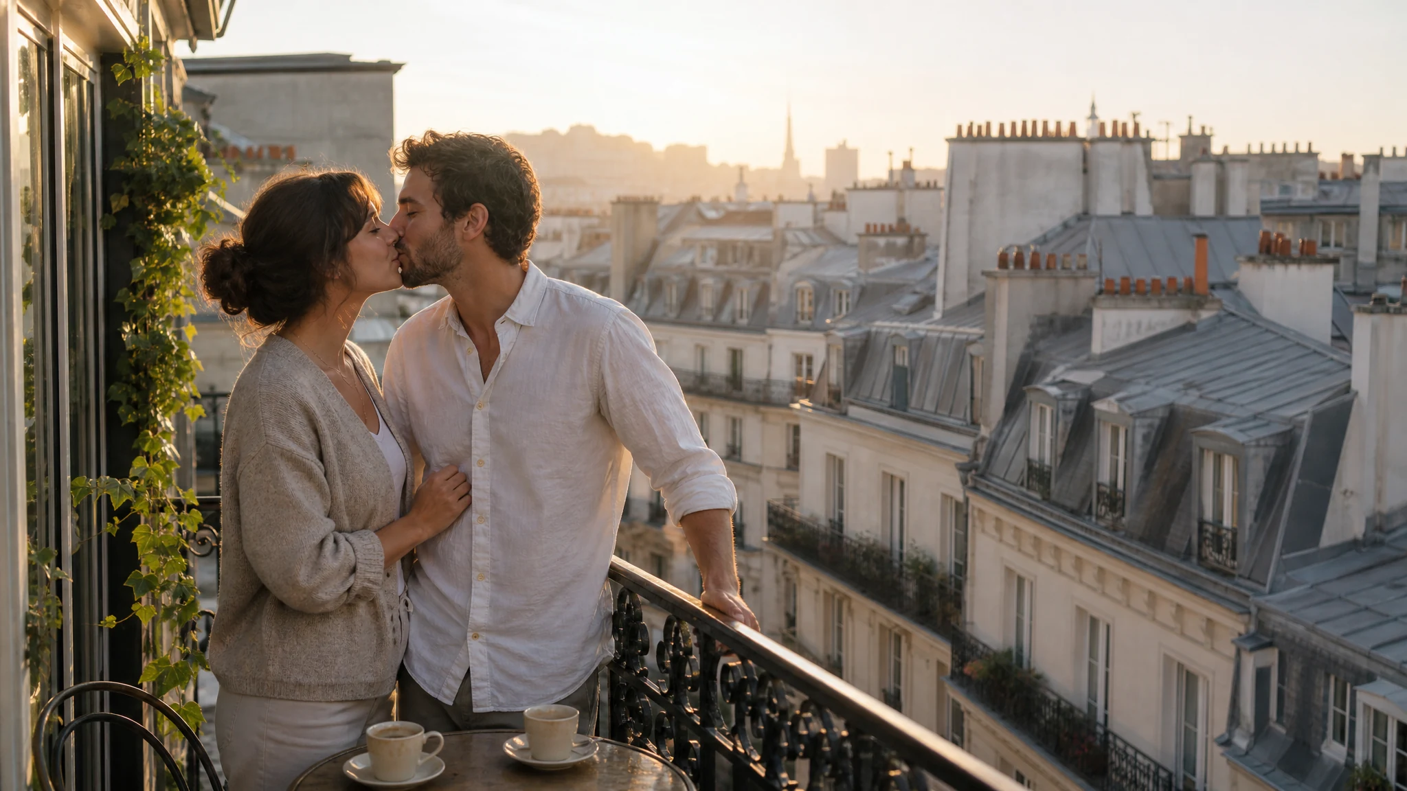 Adult couple leaning in for a light french kiss on a stone bridge at dusk