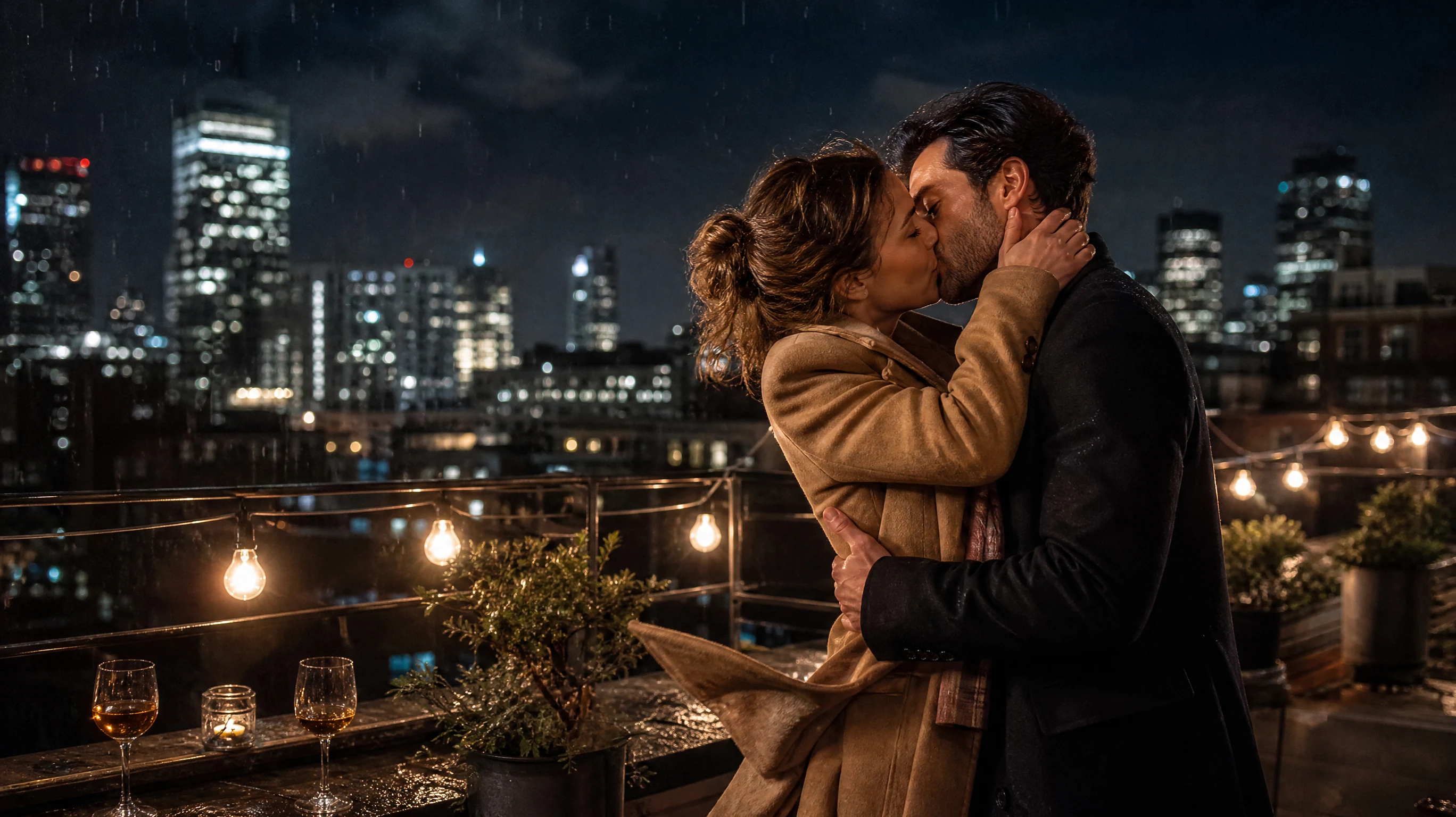 Adult couple in a tight embrace and passionate kiss on a rainy neon-lit street