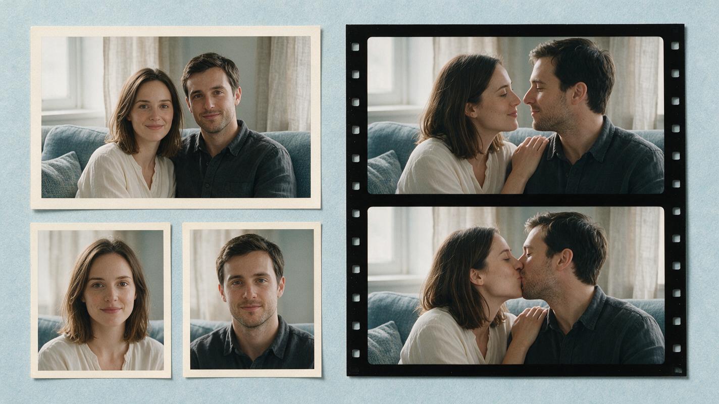 A couple photo and two solo portraits beside film frames of a slow, gentle kiss