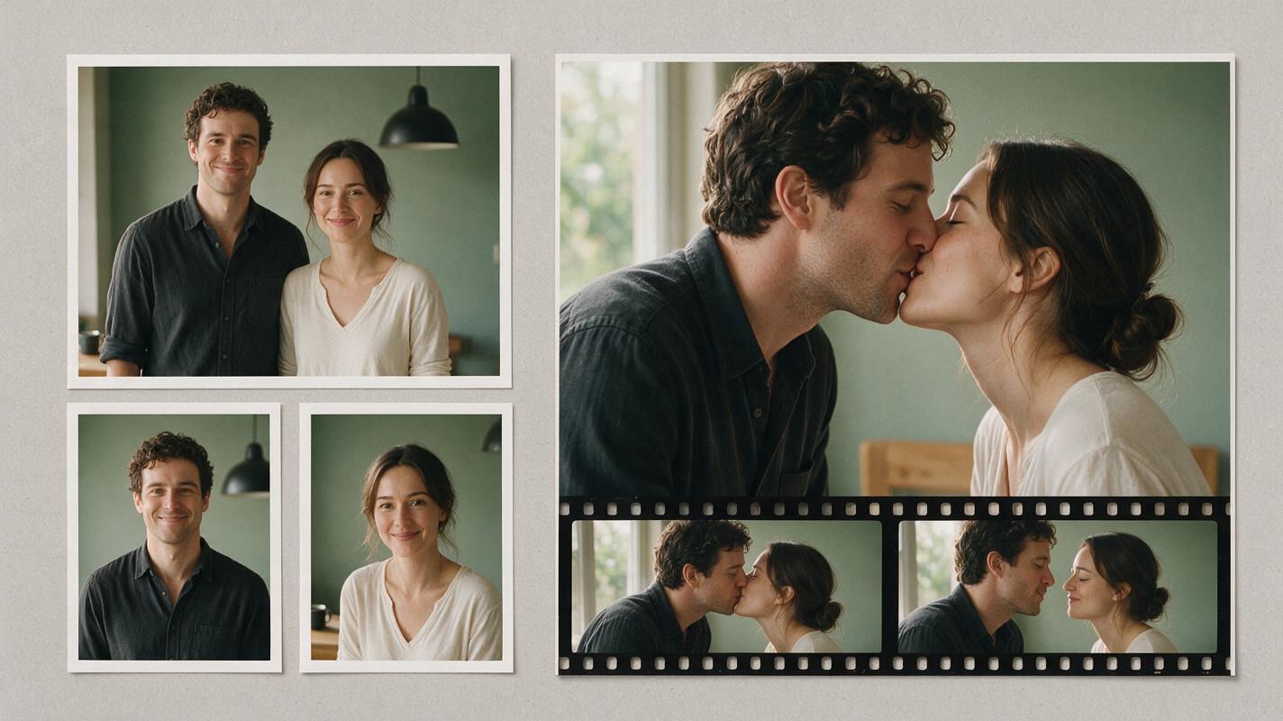 A couple photo and two portraits beside a tongue kiss video preview and film frames