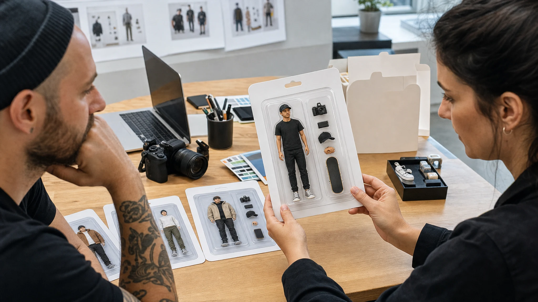 Creator reviewing custom AI action figure packaging concepts from reference images