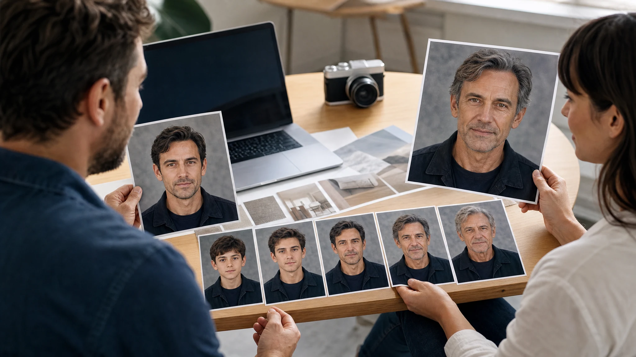 AI age filter showing older and younger portrait previews from one source photo