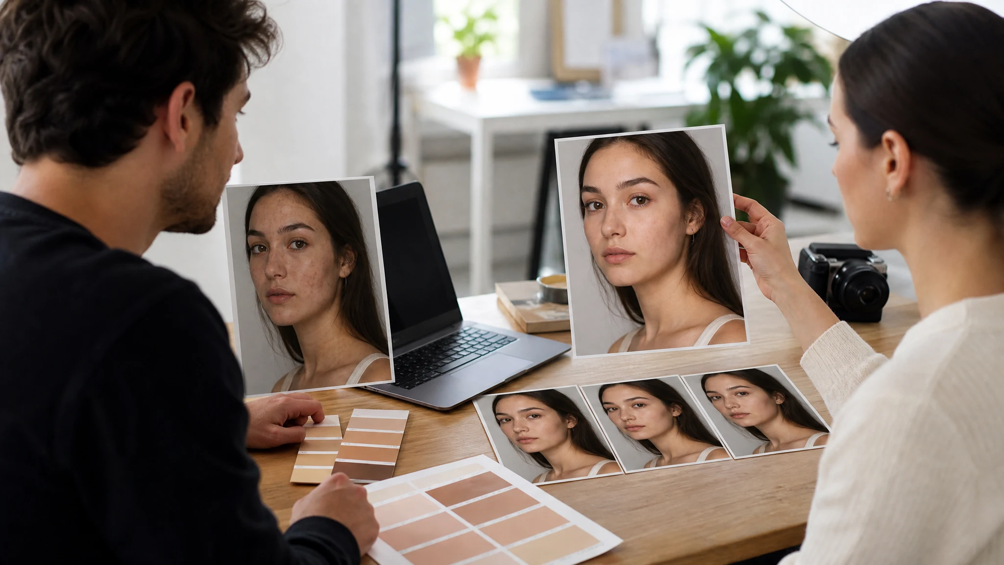 Deutsch creator reviewing natural portrait cleanup after AI blemish removal