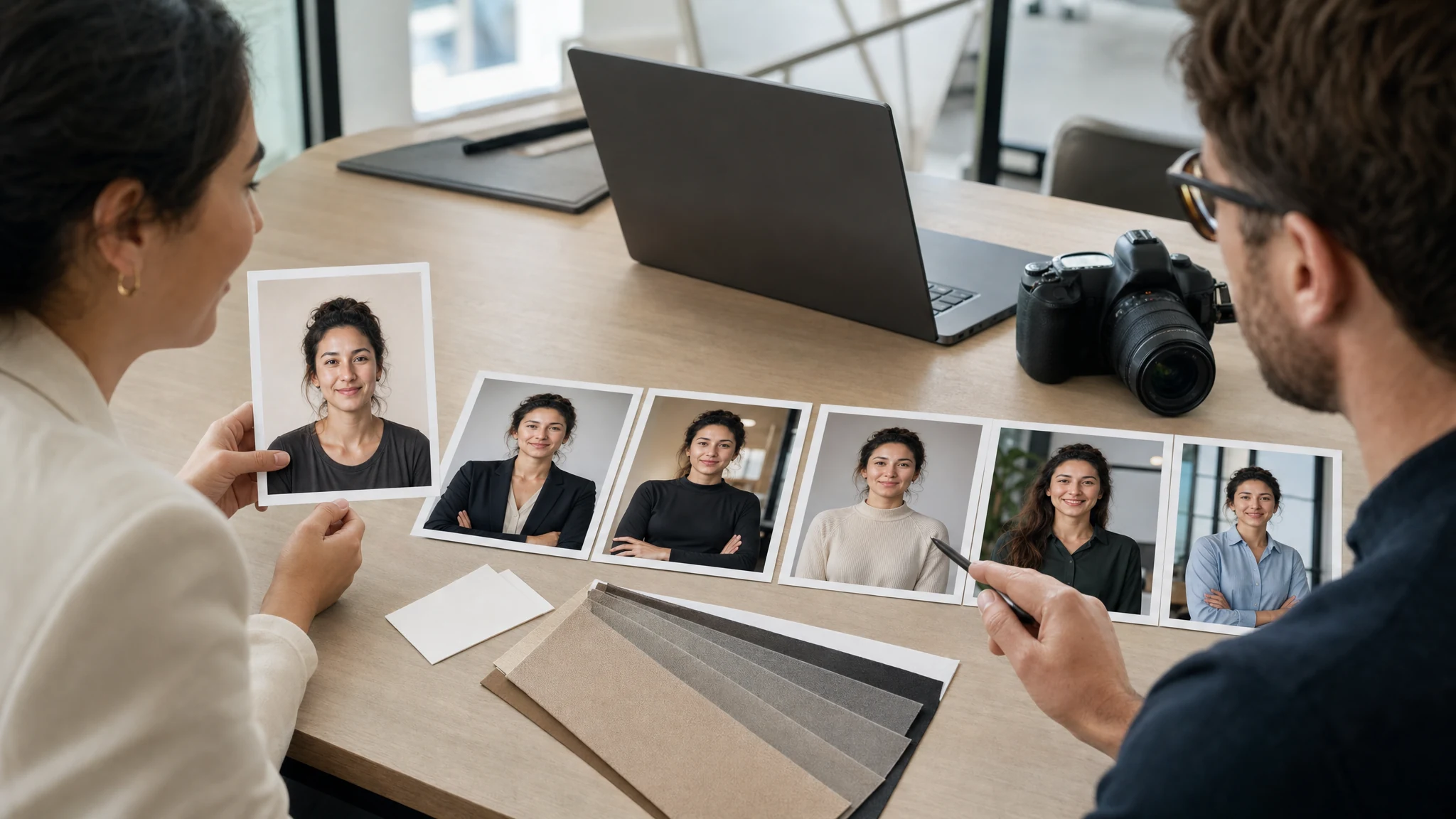Professional creating business photo variants for LinkedIn resume company bio and team profile use