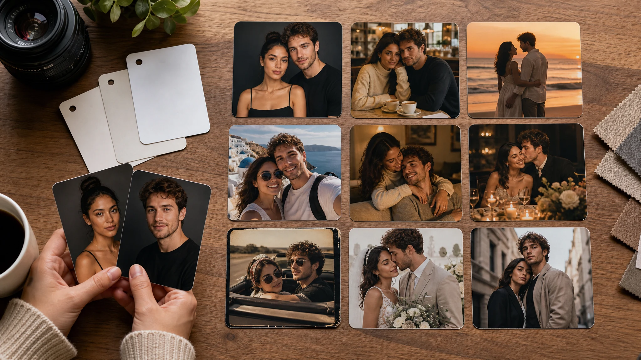 AI couple photo prompt examples for realistic romantic studio cafe beach travel anniversary and editorial scenes