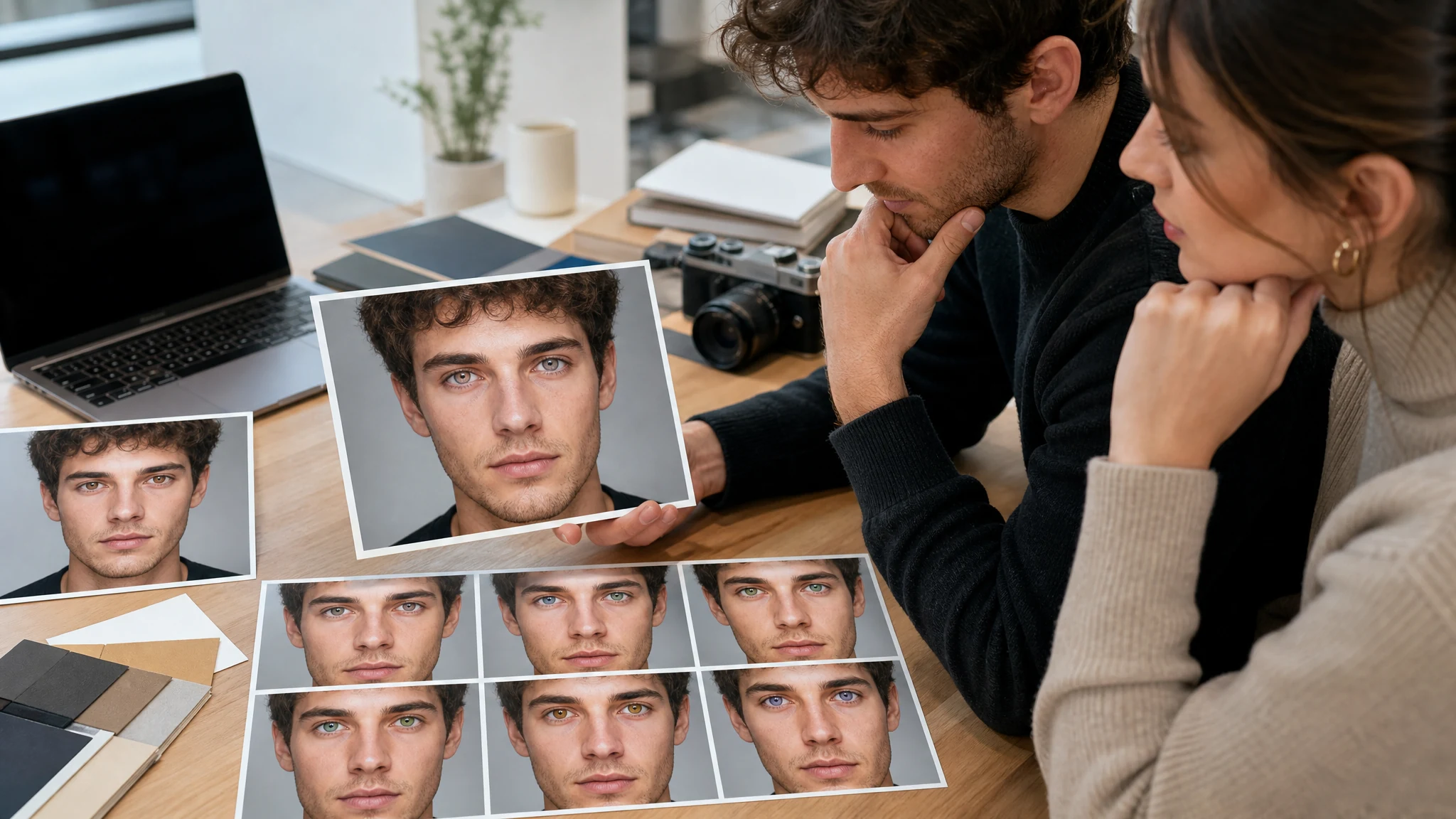 AI eye color changer showing realistic blue green and hazel portrait previews
