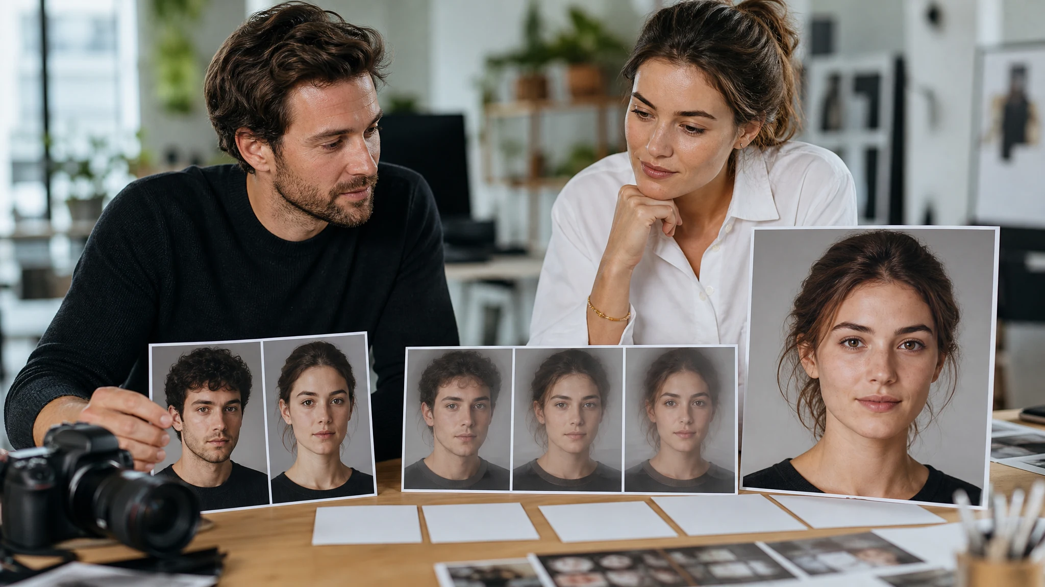 Creative team reviewing two portrait sources becoming a face morph transition and blended portrait result