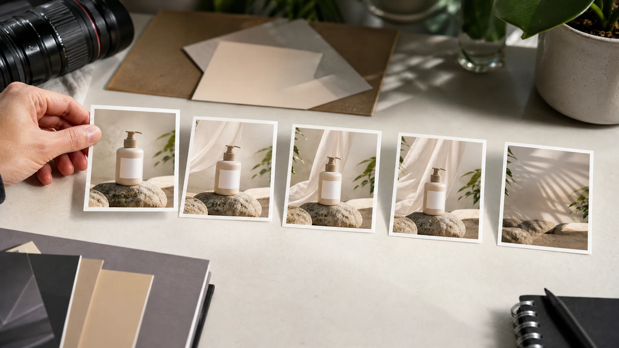 Source photo card becoming short AI video motion frames on a creative desk