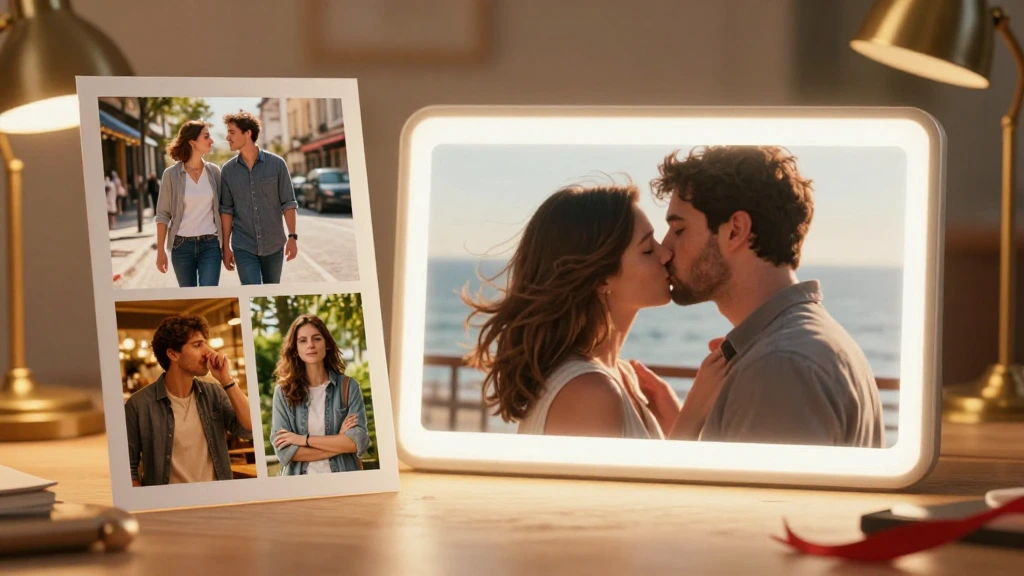 Two solo portraits beside a couple kissing video concept