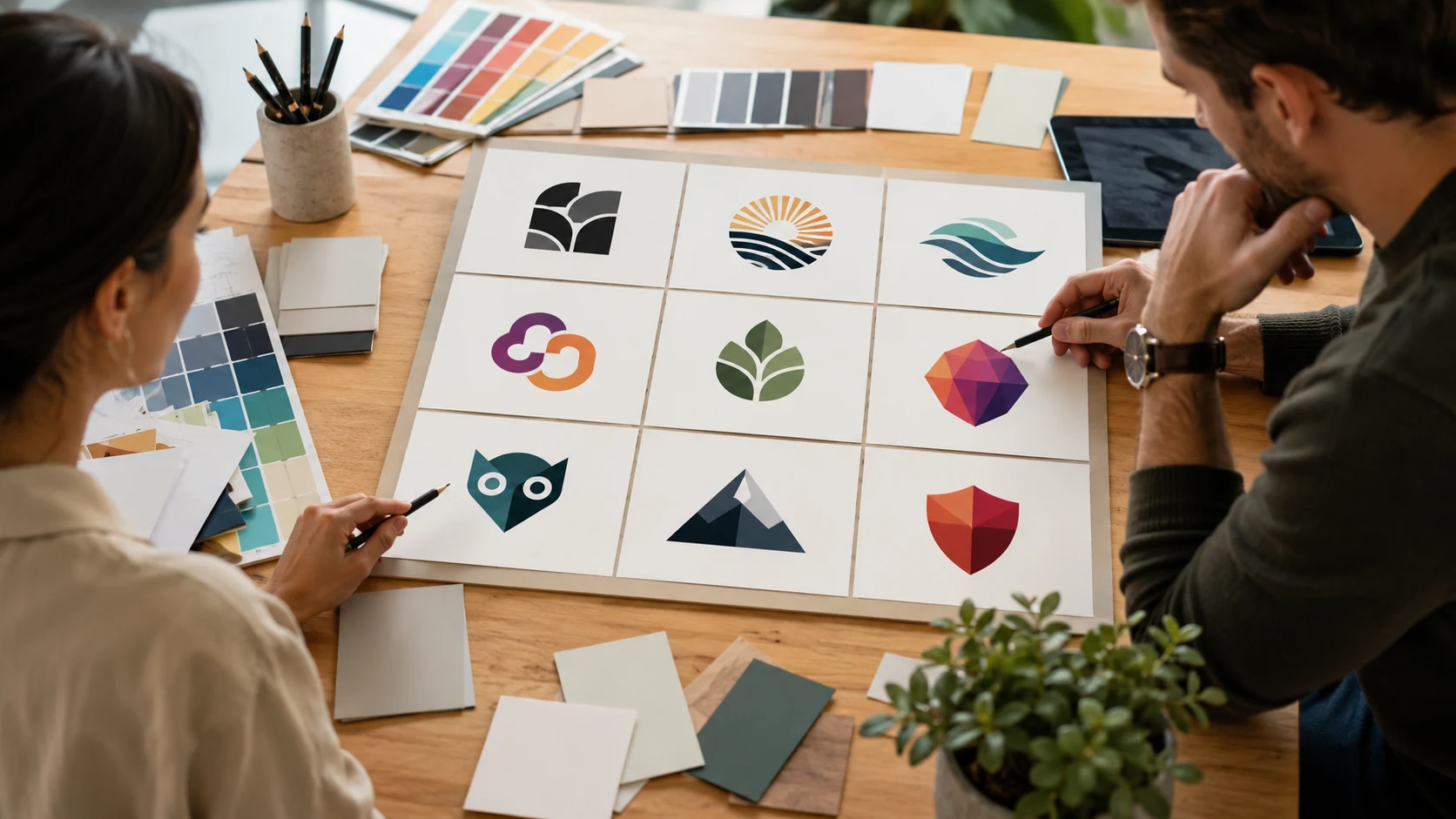 Designer reviewing a 3x3 AI logo concept board with original abstract brand marks and no readable text