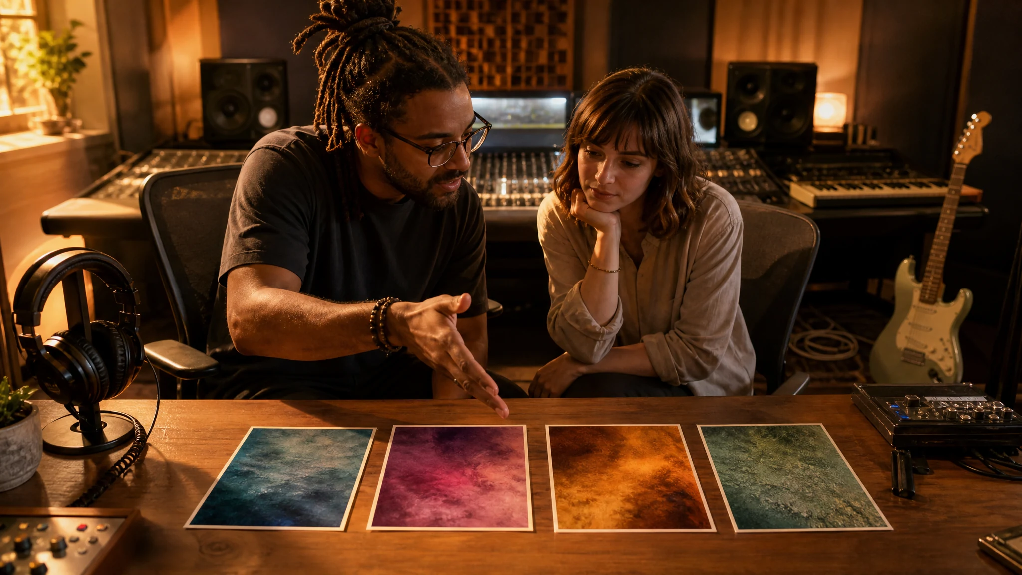 Two creators listening back to AI generated tracks in a home studio