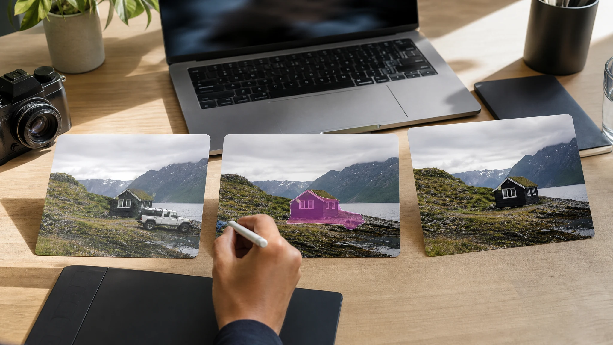 AI object remover workflow showing a masked distraction being removed from one photo