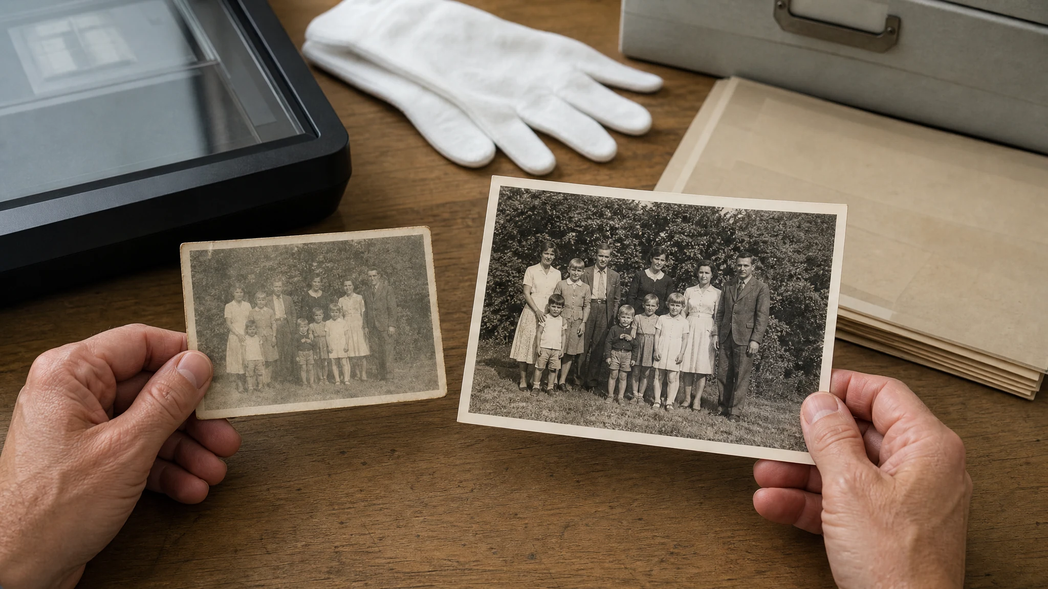 AI old photo restoration workflow showing one faded family photo becoming a clearer enhanced copy for review
