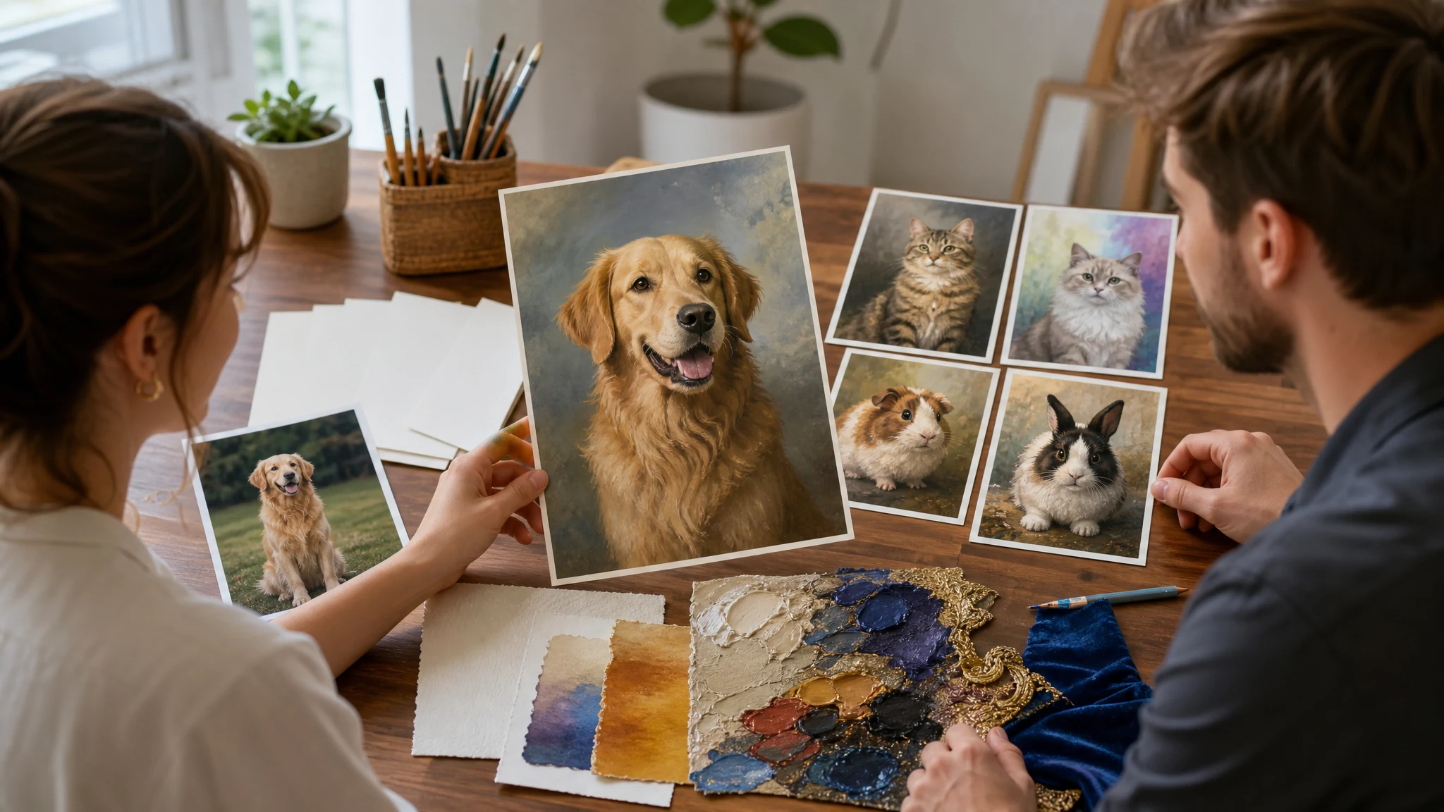 AI pet portrait generator workflow turning one pet photo into watercolor royal cartoon and keepsake portrait concepts