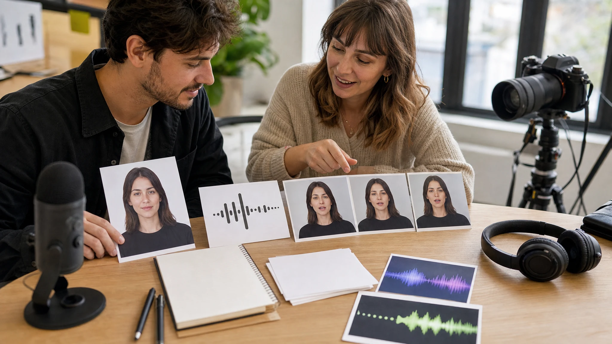 Creative team reviewing one portrait, voice waveform, and talking avatar frames without text