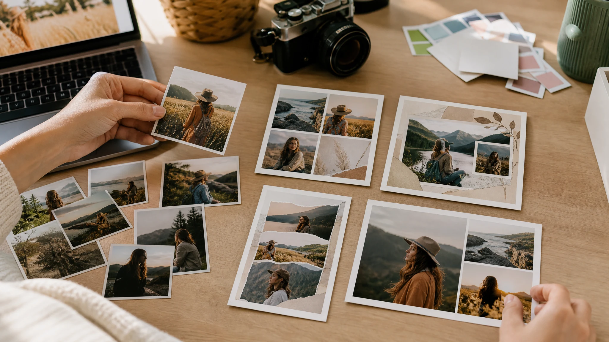 AI photo collage maker workflow arranging multiple photo cards into a finished template collage