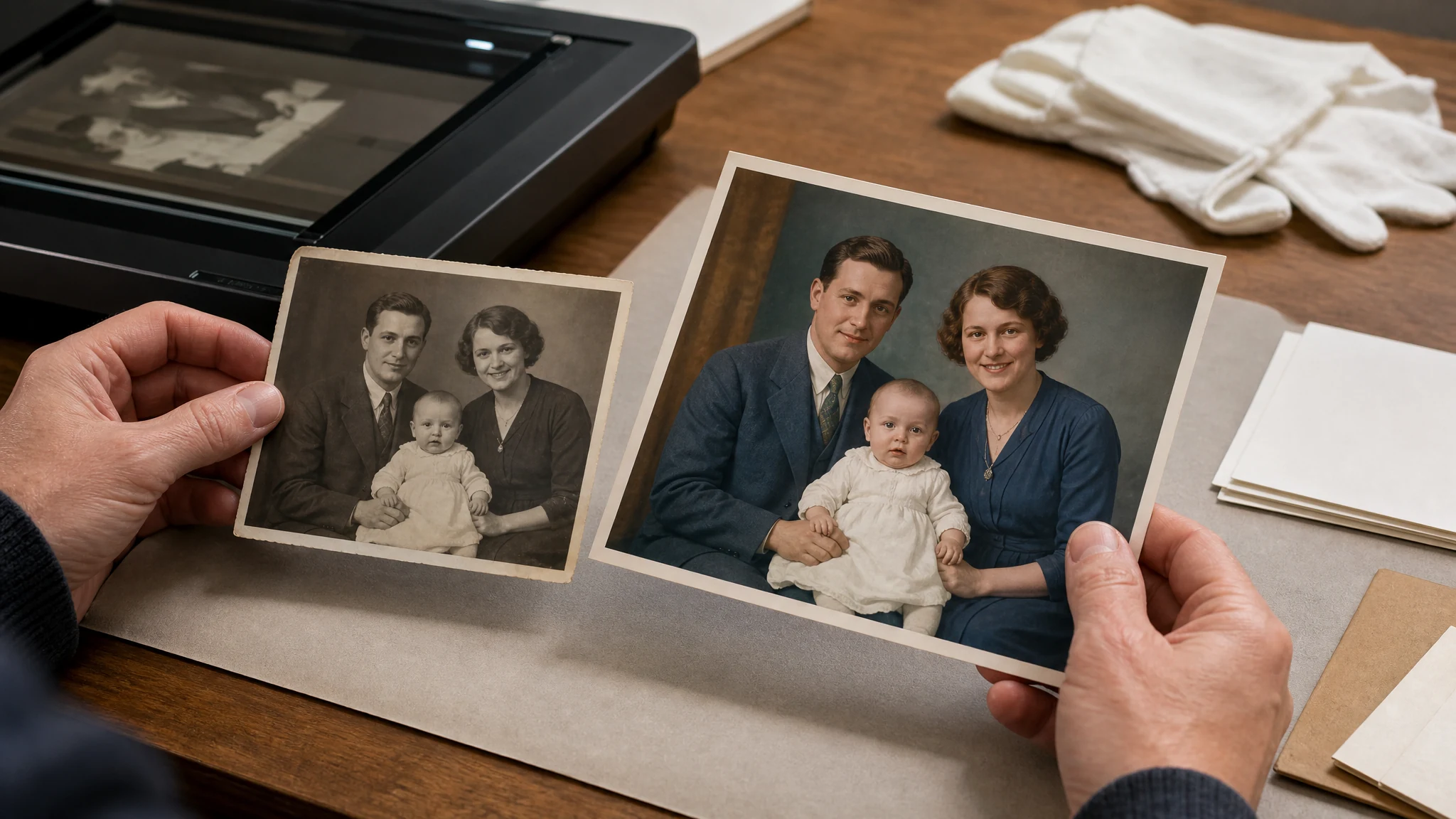 中文 AI photo colorizer workflow showing one black and white family photo becoming a plausible colorized review copy