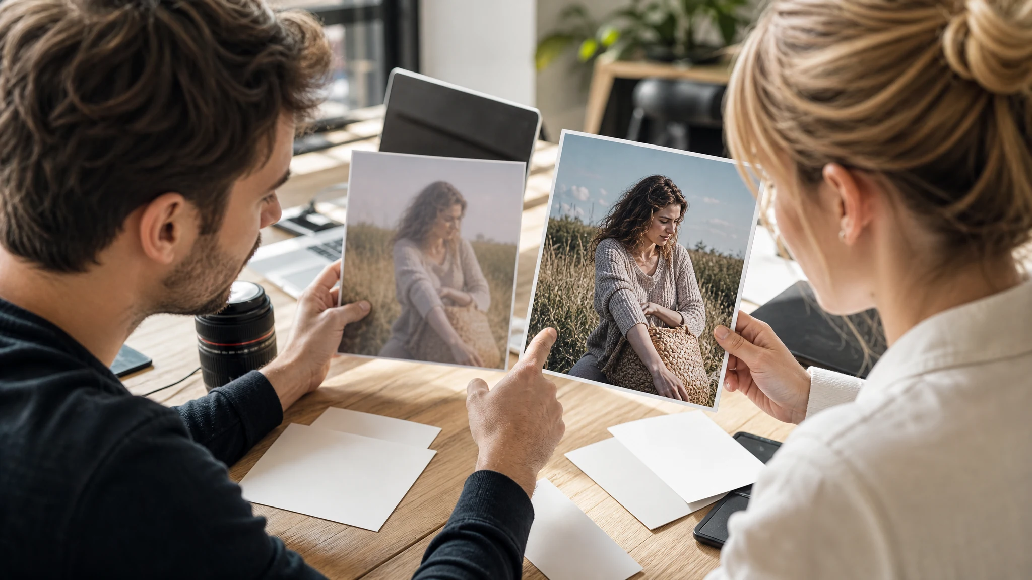 Creative team comparing a soft source photo with a clearer enhanced print