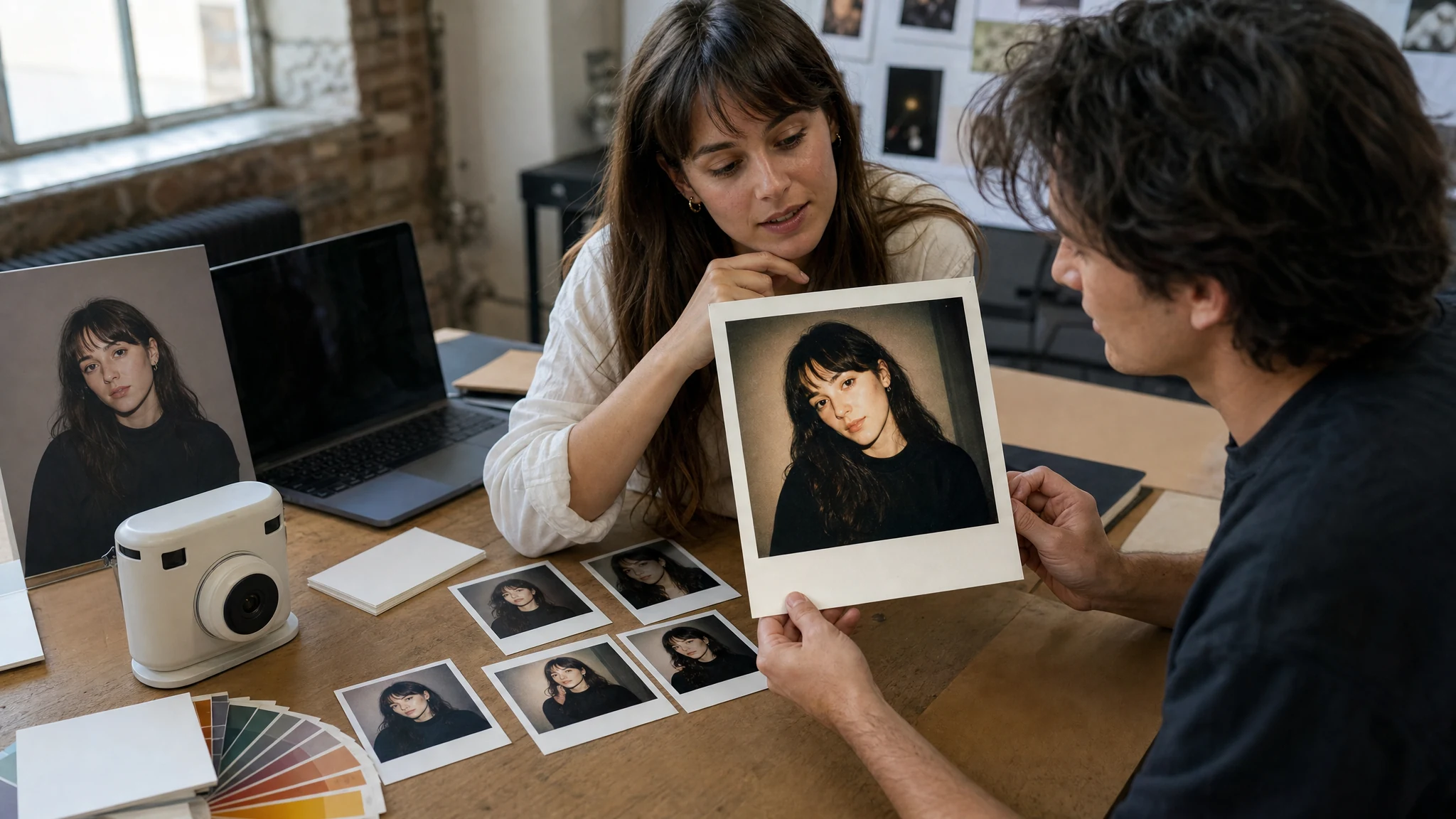 Creator reviewing Polaroid-style instant-camera photo results generated from one uploaded image